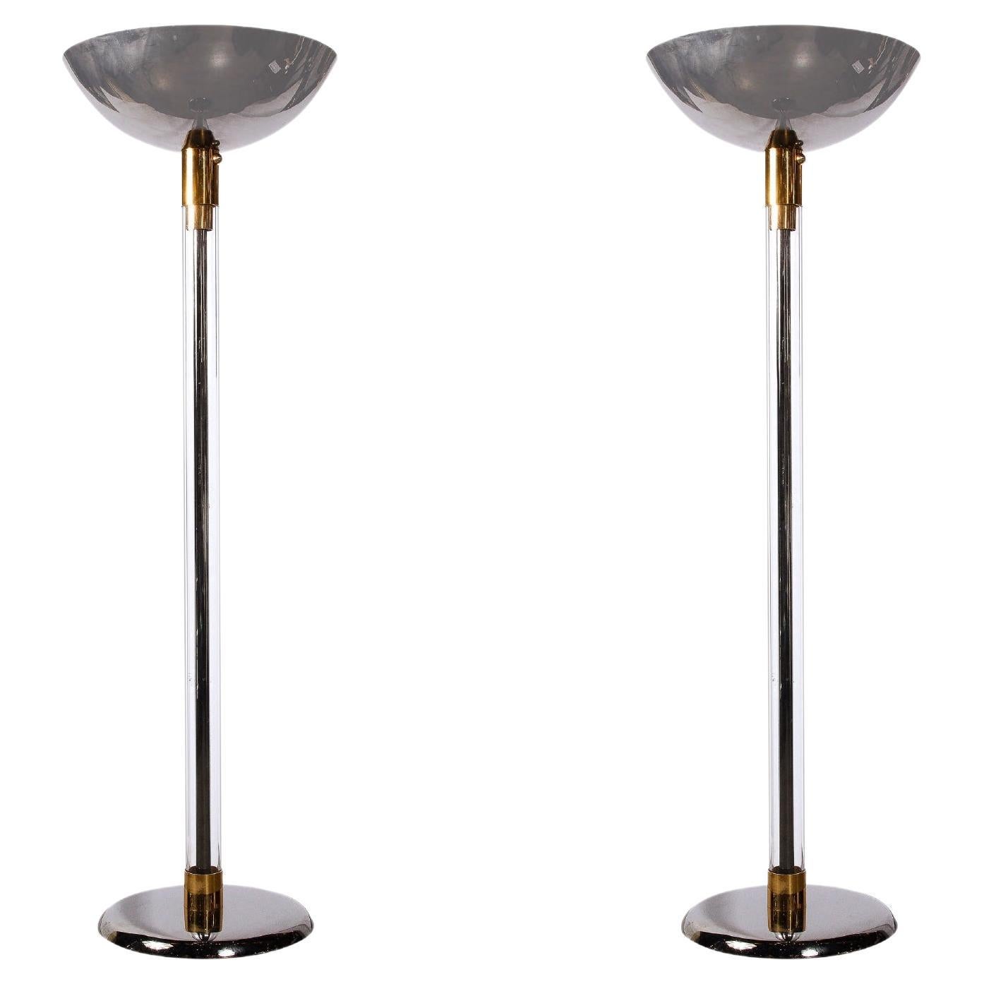 Pair of Lucite & Gunmetal Torchieres w/ Brass Fittings, Signed Karl Springer For Sale