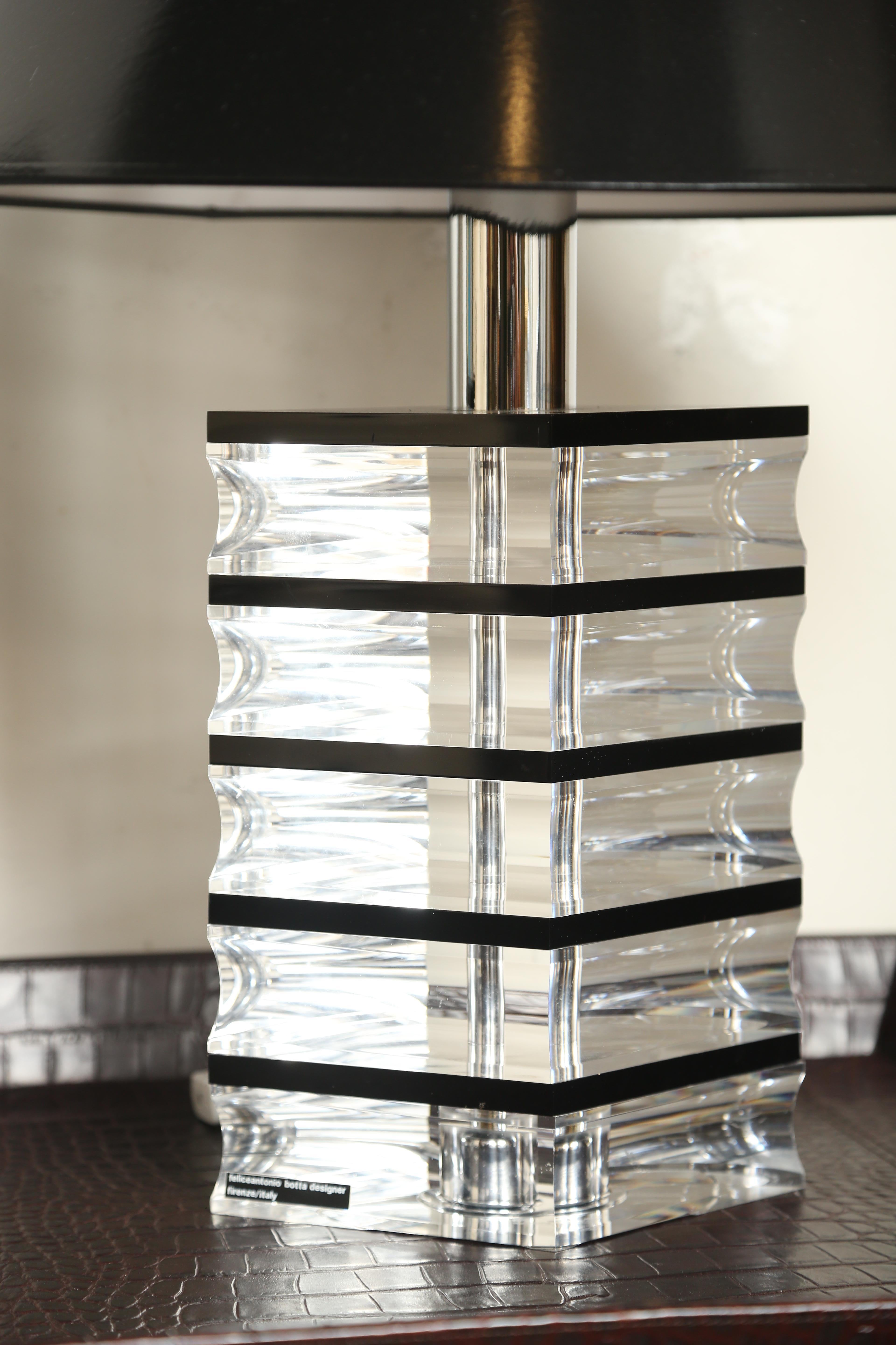 Striking pair of black and clear Lucite lamps by Felice Antonio Botta of Florence, Italy. New black paper shades.