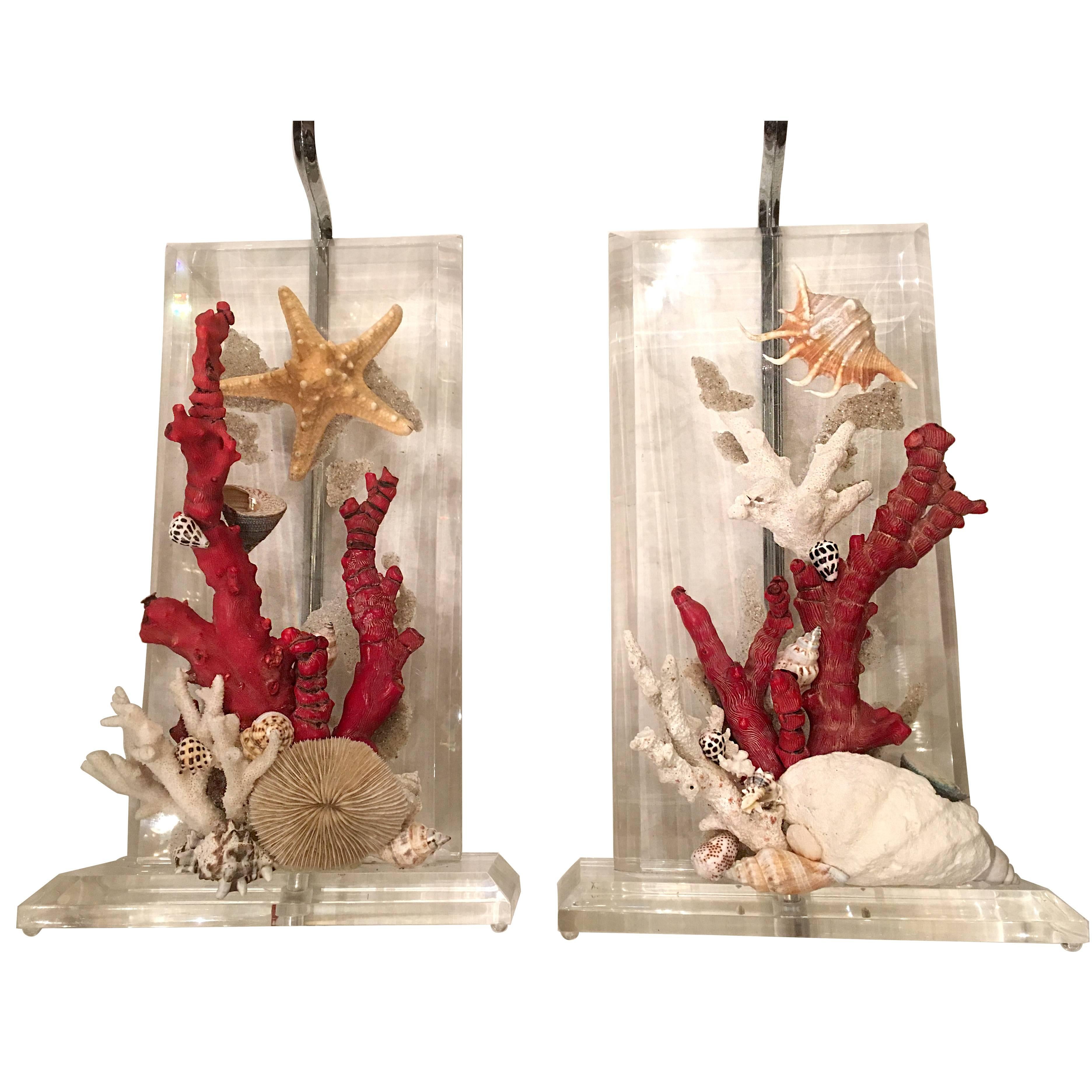 Pair of Lucite Lamps with Coral and Sea Shells For Sale