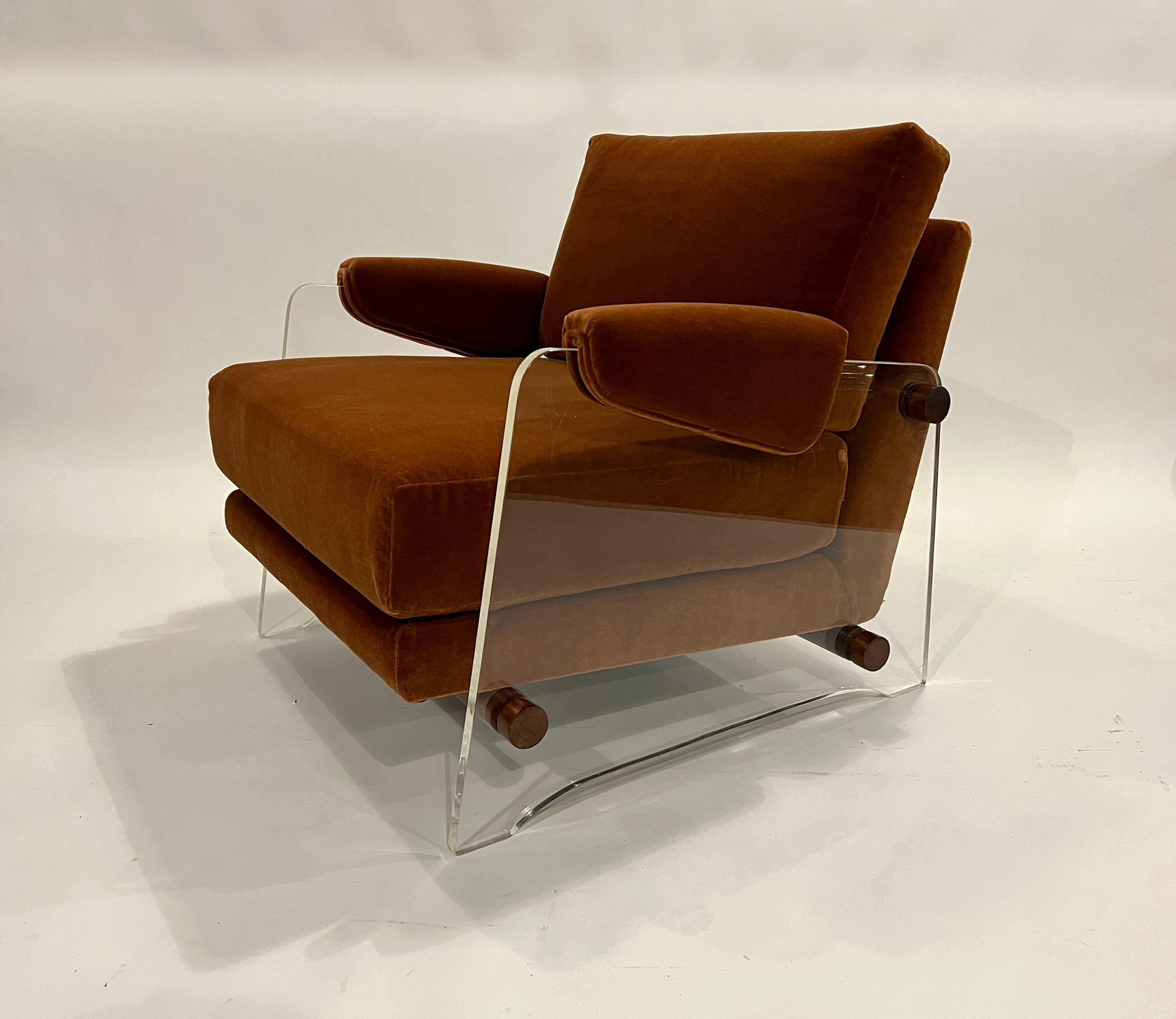 Pair of Lucite Lounge Chairs in Rust Mohair For Sale 4