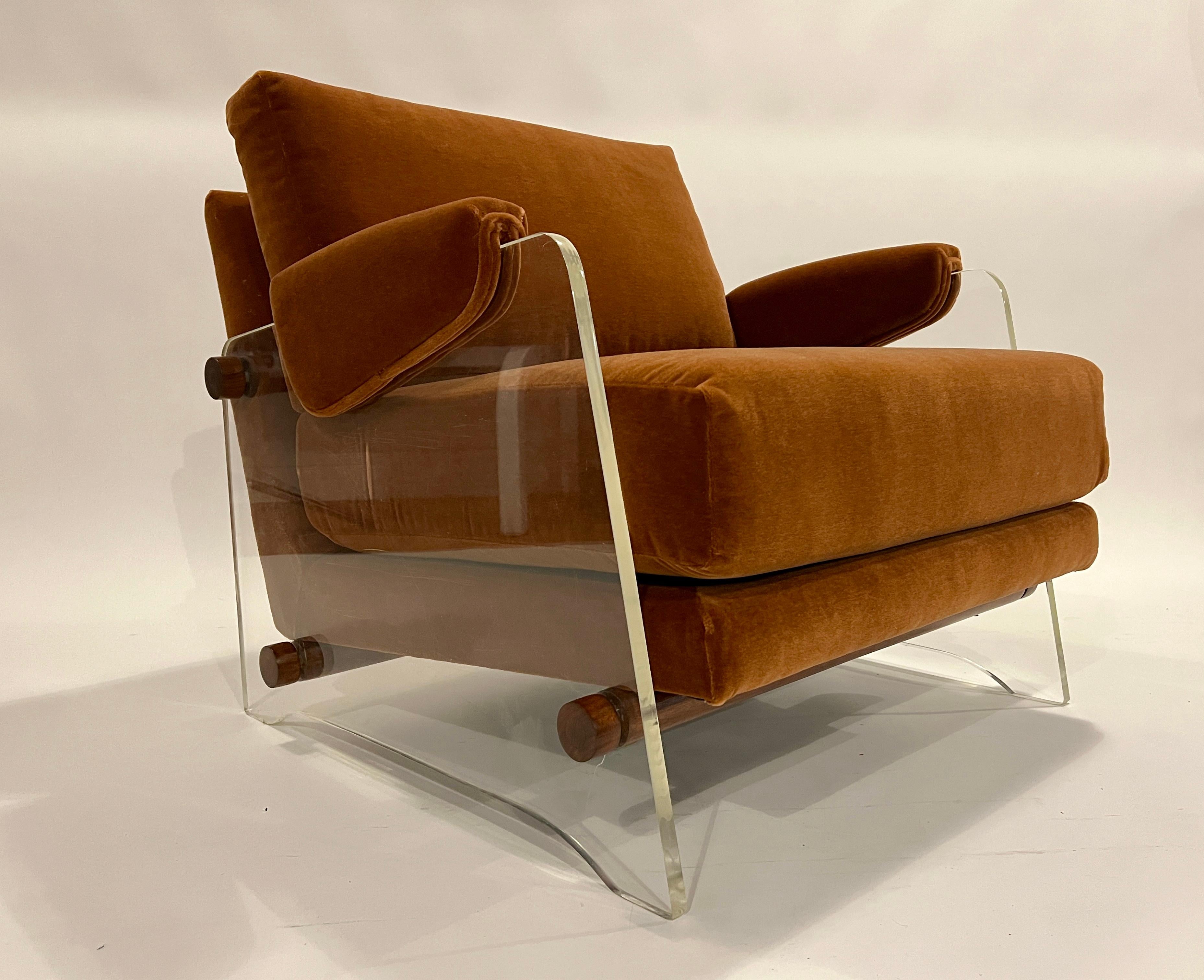 Pair of Lucite Lounge Chairs in Rust Mohair For Sale 5
