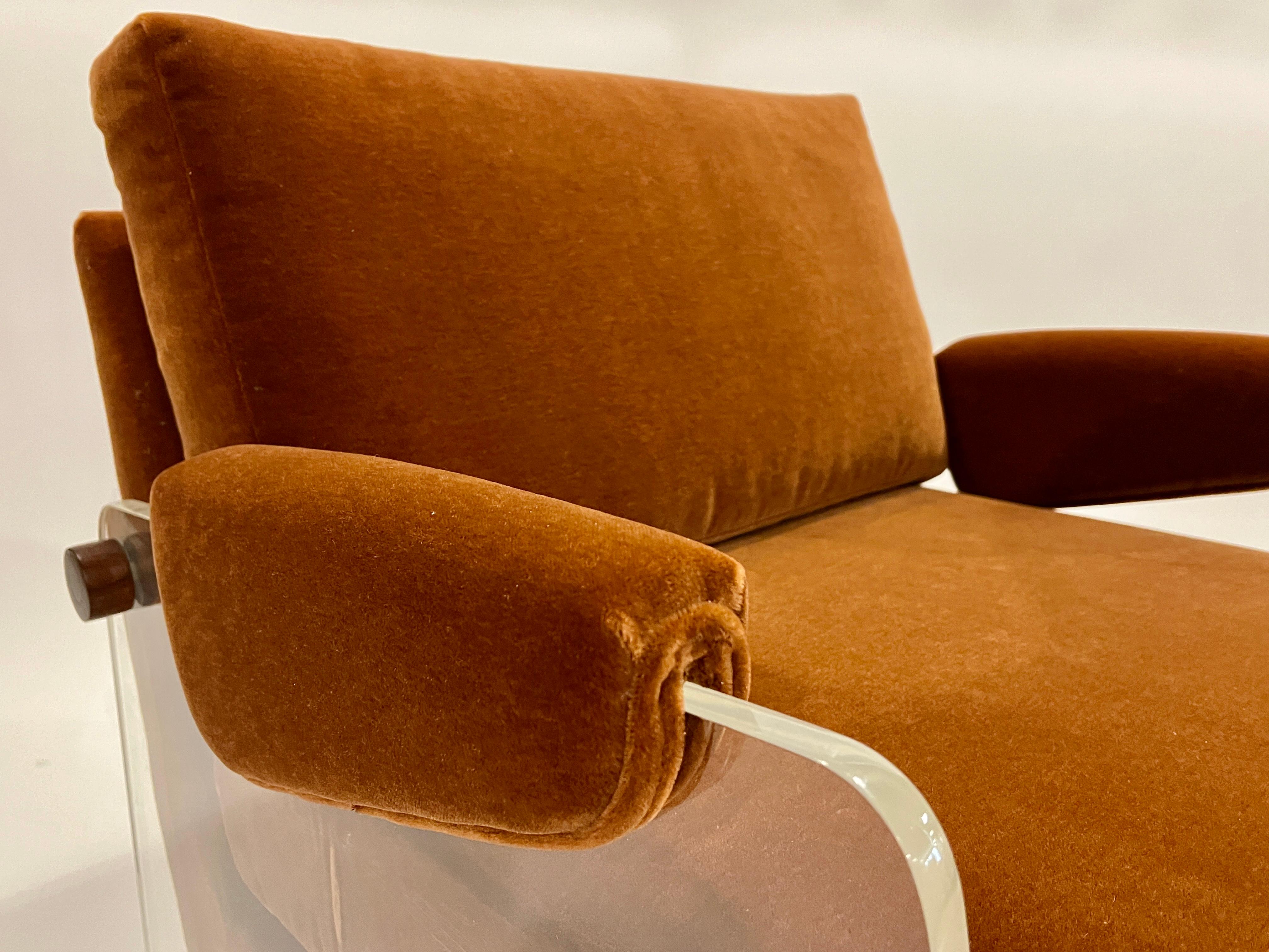 Pair of Lucite Lounge Chairs in Rust Mohair For Sale 6