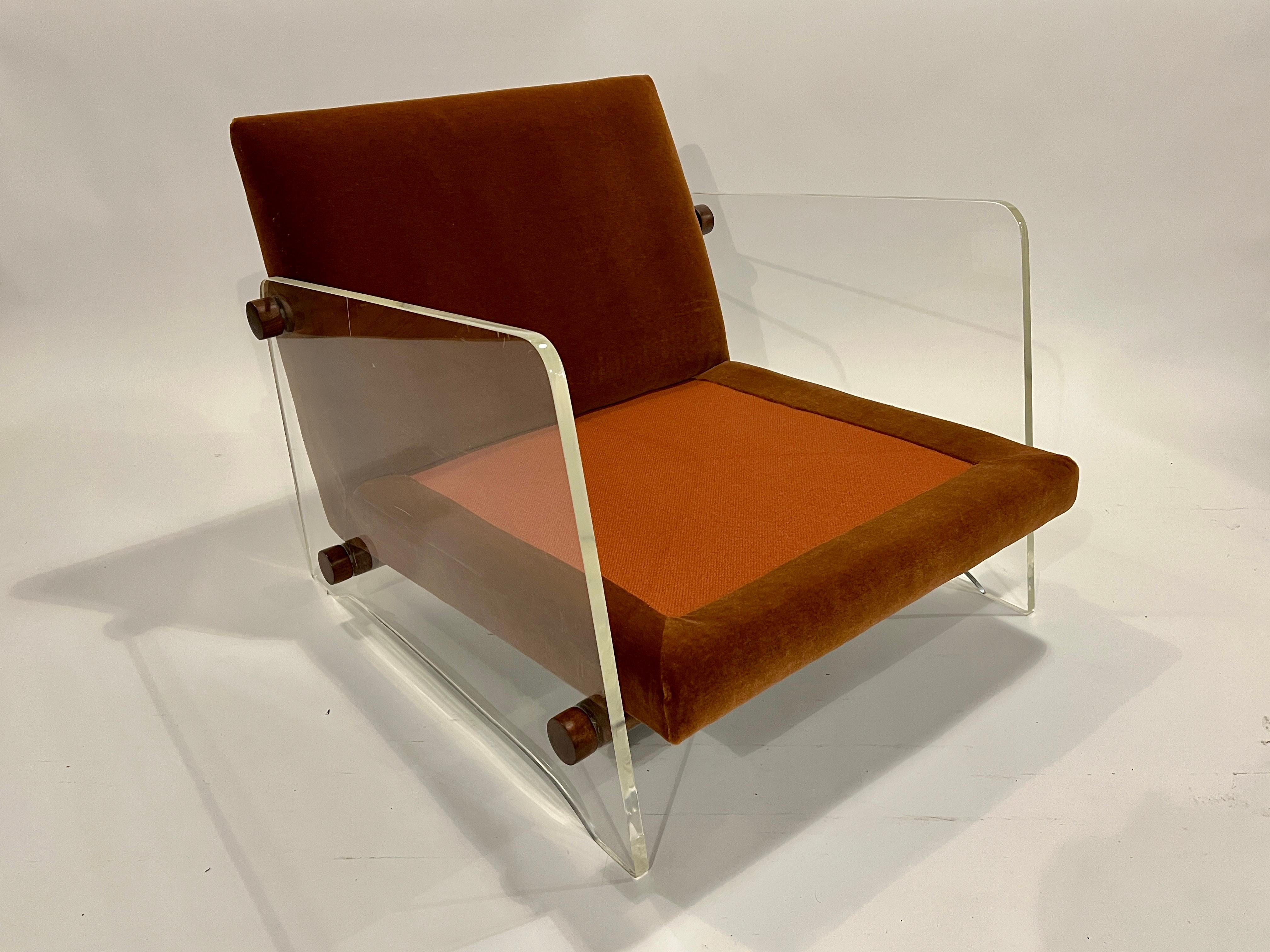 Pair of Lucite Lounge Chairs in Rust Mohair For Sale 7