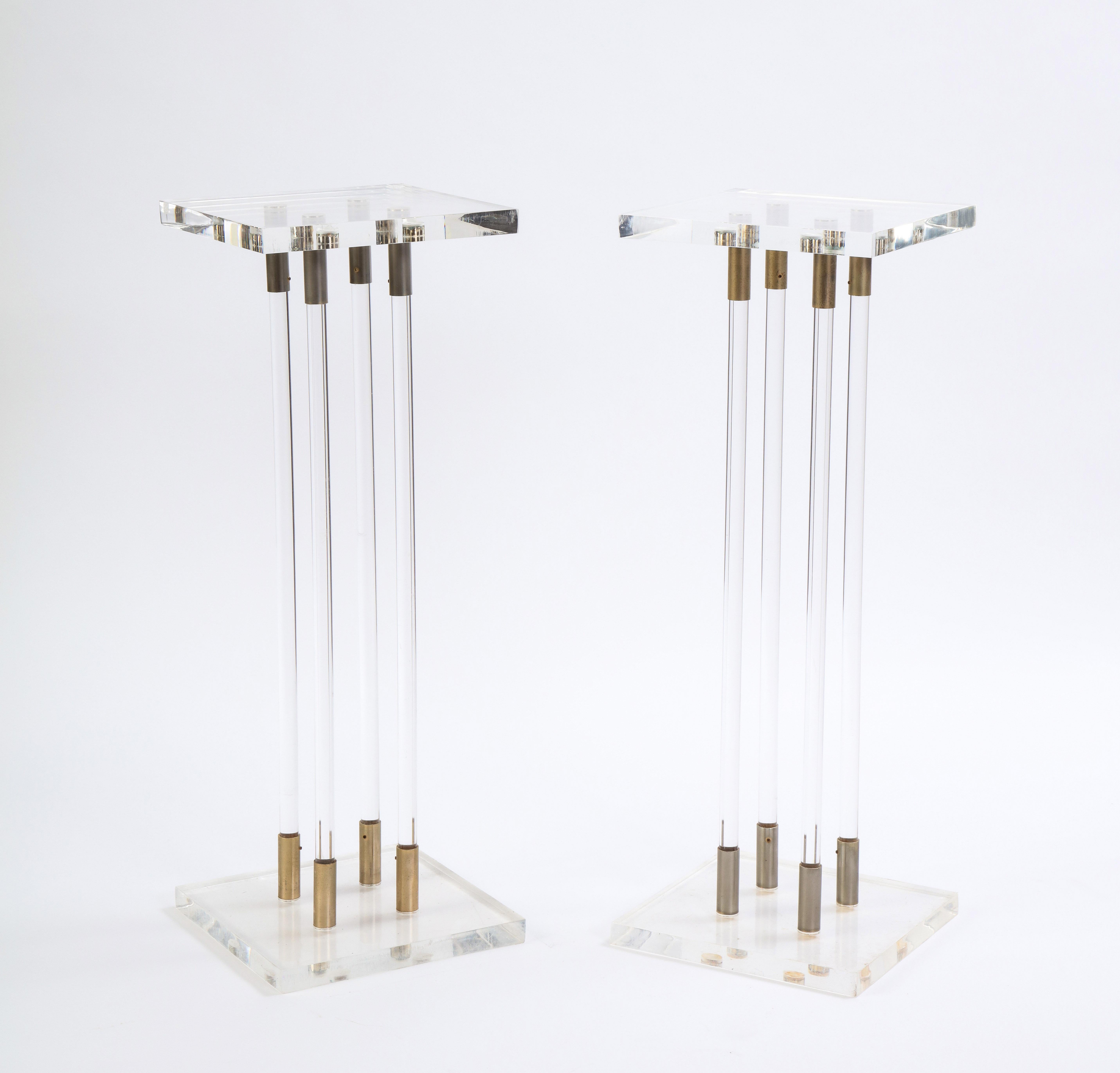 Pair of Lucite Pedestals with Metallic Detail, Modern In Good Condition In New York, NY