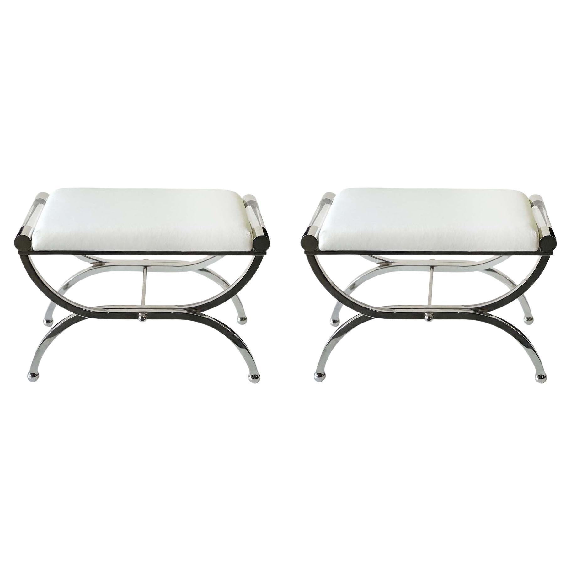 Pair of Lucite & Polished Nickel Benches by Charles Hollis Jones, c. 1980's For Sale