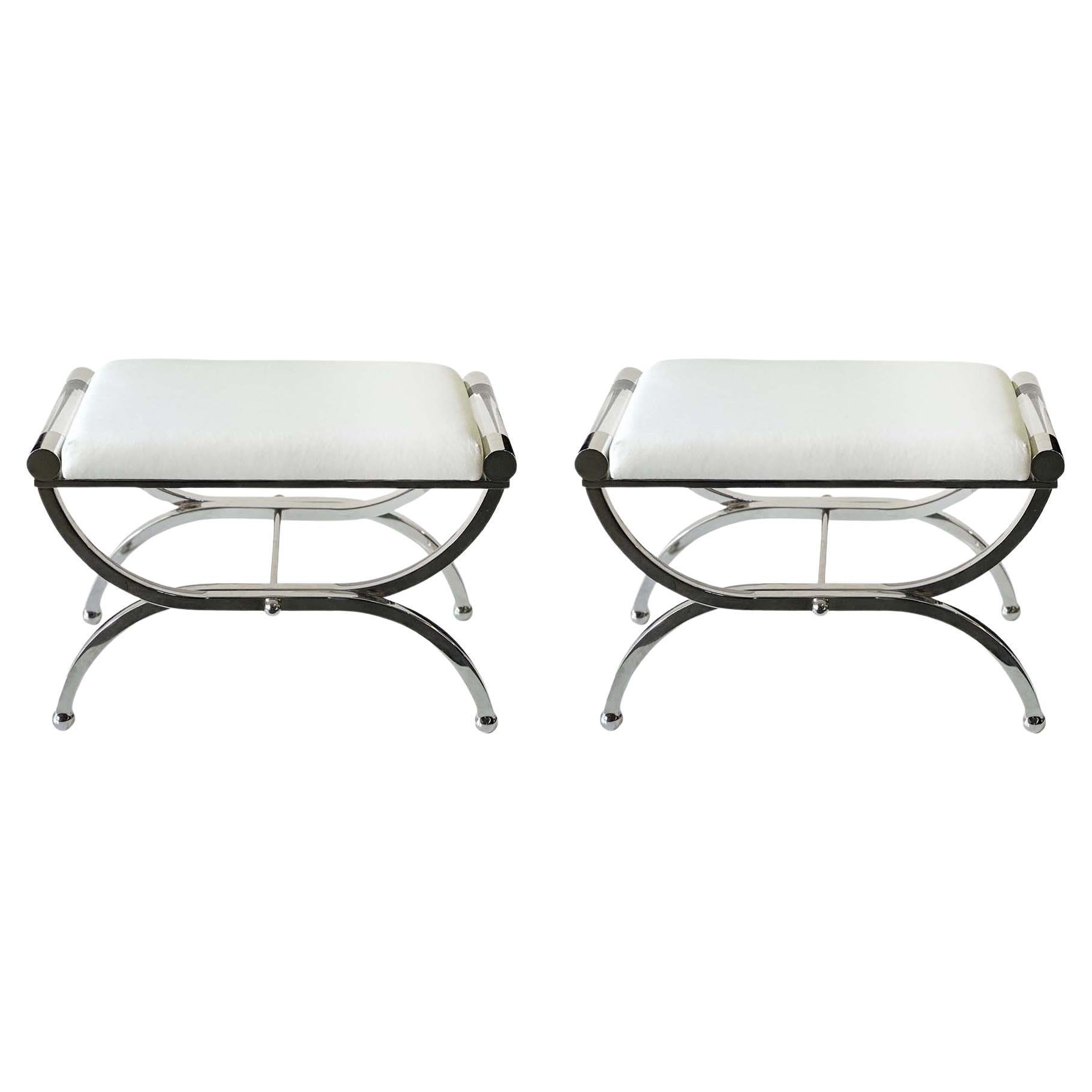 Pair of Lucite & Polished Nickel Benches by Charles Hollis Jones, c. 1980's