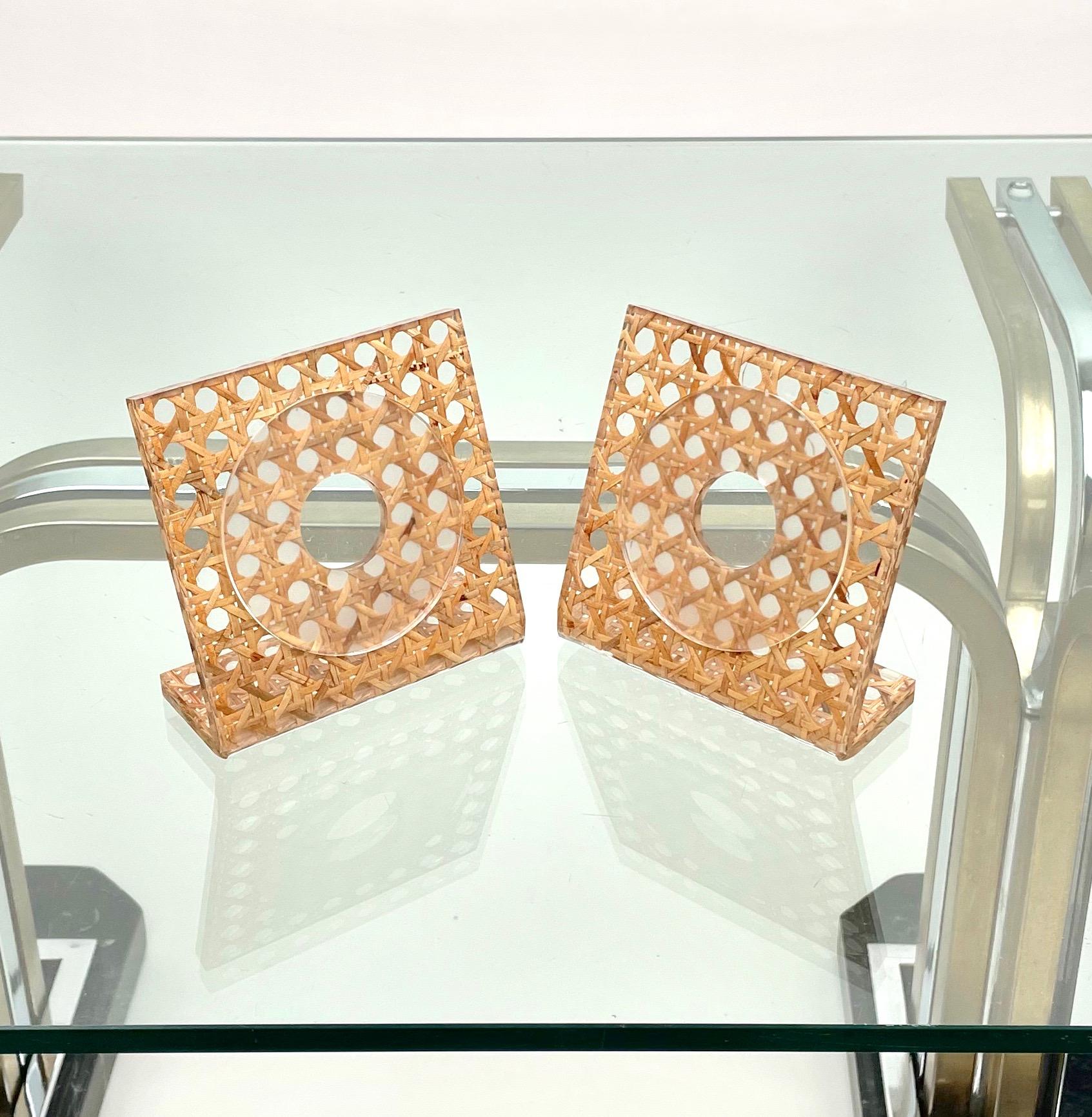 Mid-Century Modern Pair of Lucite & Rattan Squared Picture Frame Christian Dior Style, Italy, 1970s For Sale