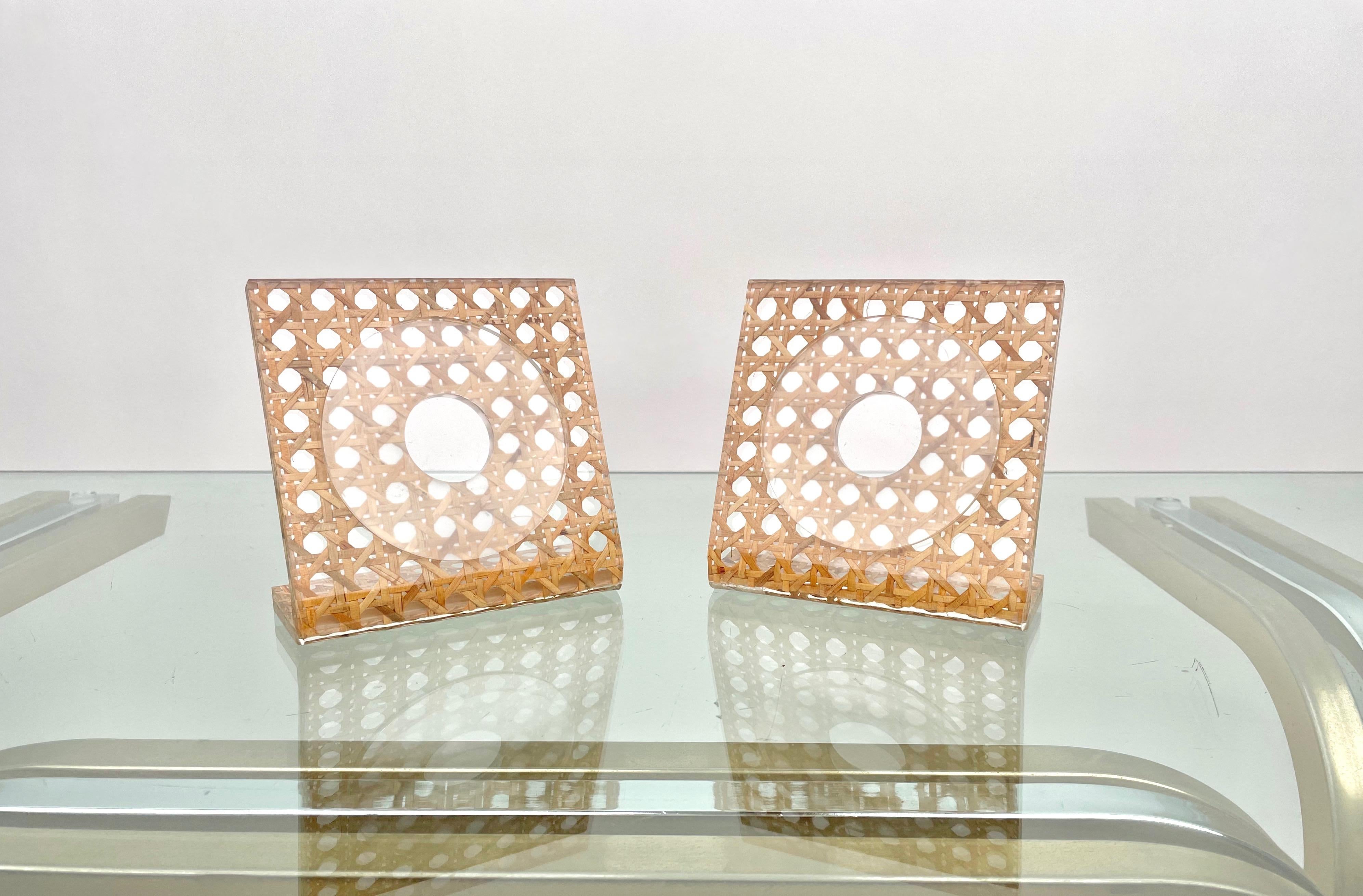 Late 20th Century Pair of Lucite & Rattan Squared Picture Frame Christian Dior Style, Italy, 1970s For Sale