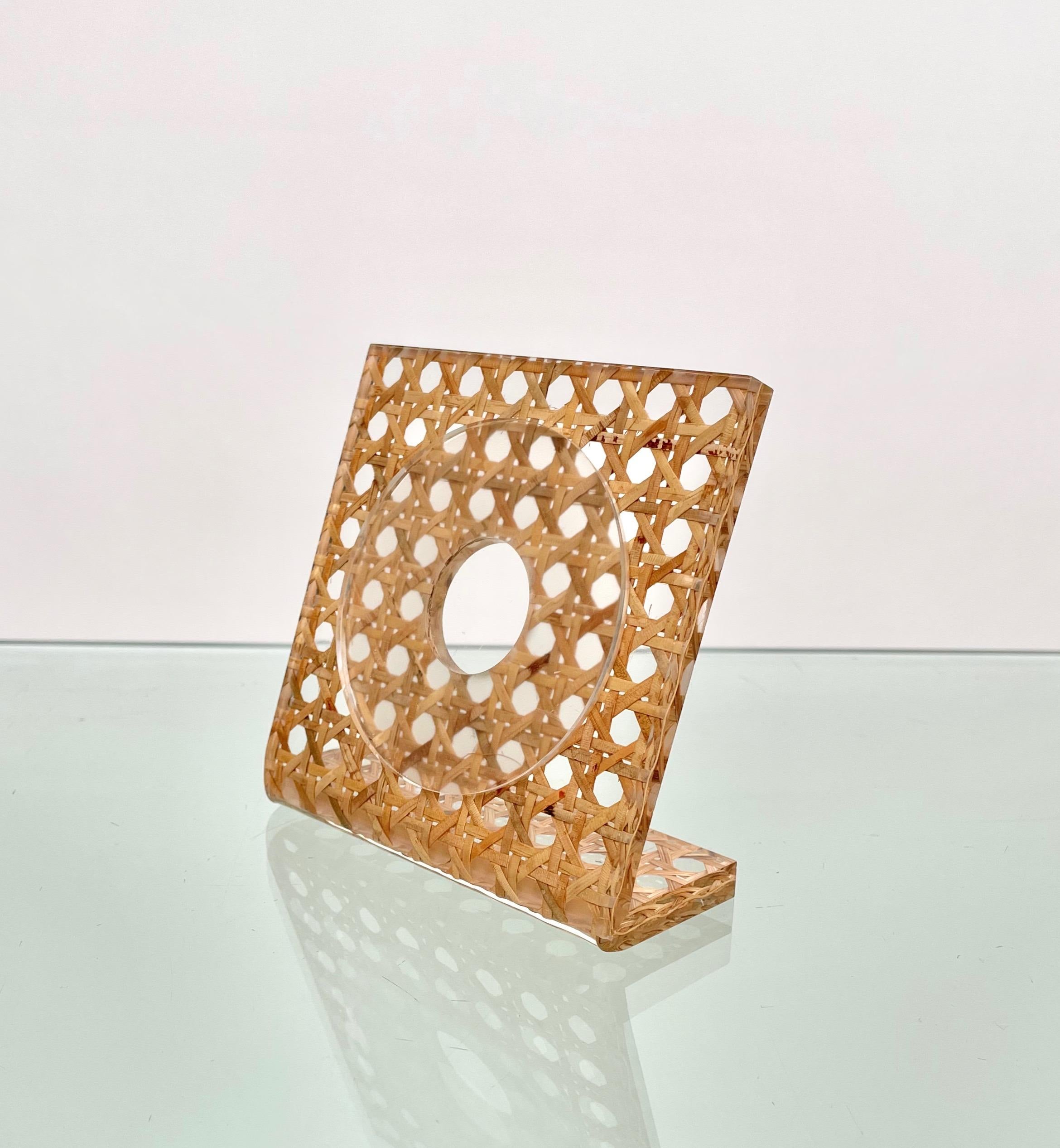 Cane Pair of Lucite & Rattan Squared Picture Frame Christian Dior Style, Italy, 1970s For Sale