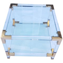 Pair of Lucite Square Two-Tier Side Tables with Brass Details