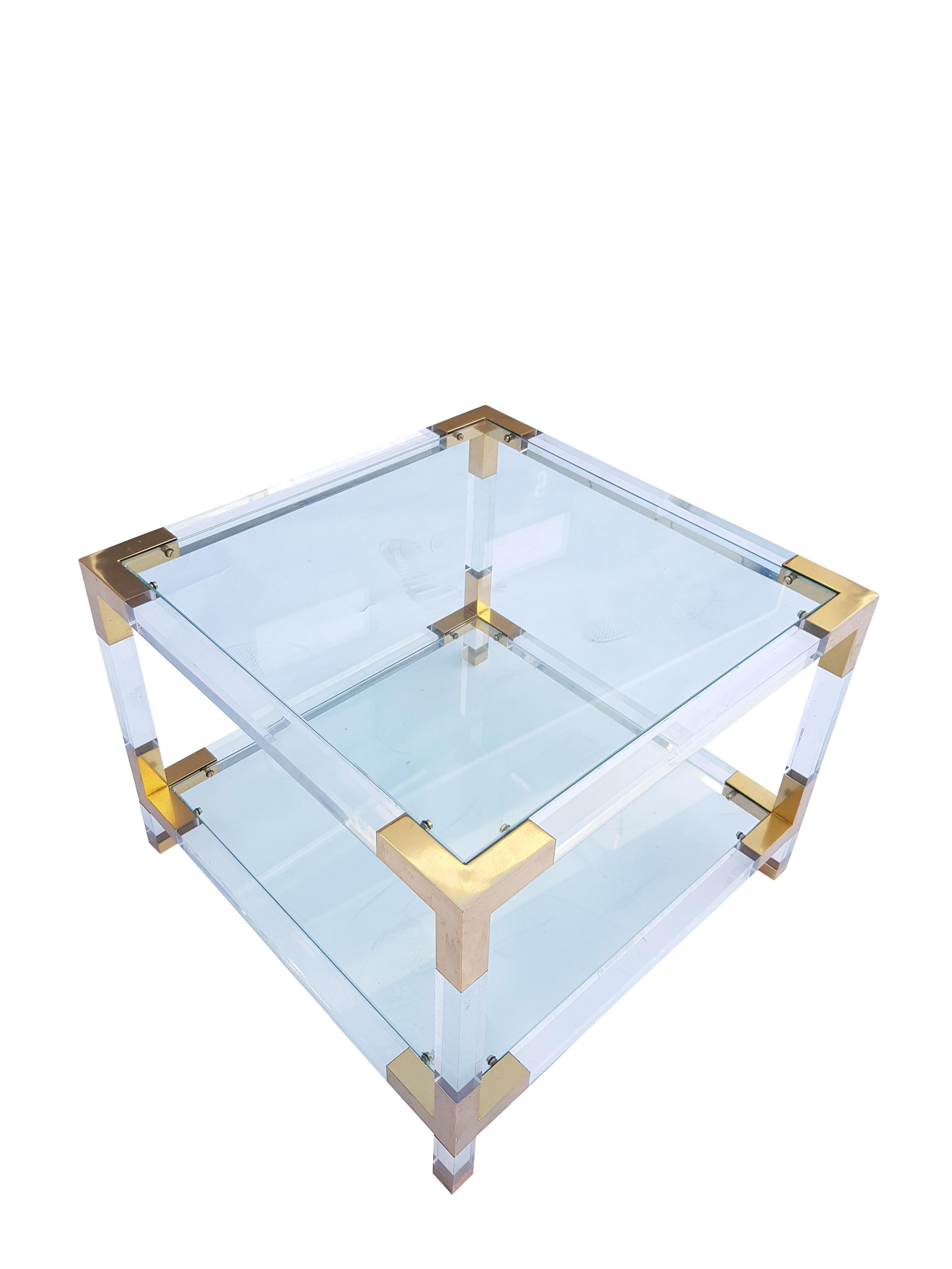 Hollywood Regency Pair of Lucite Square Two-Tier Side Tables with Brass Details For Sale