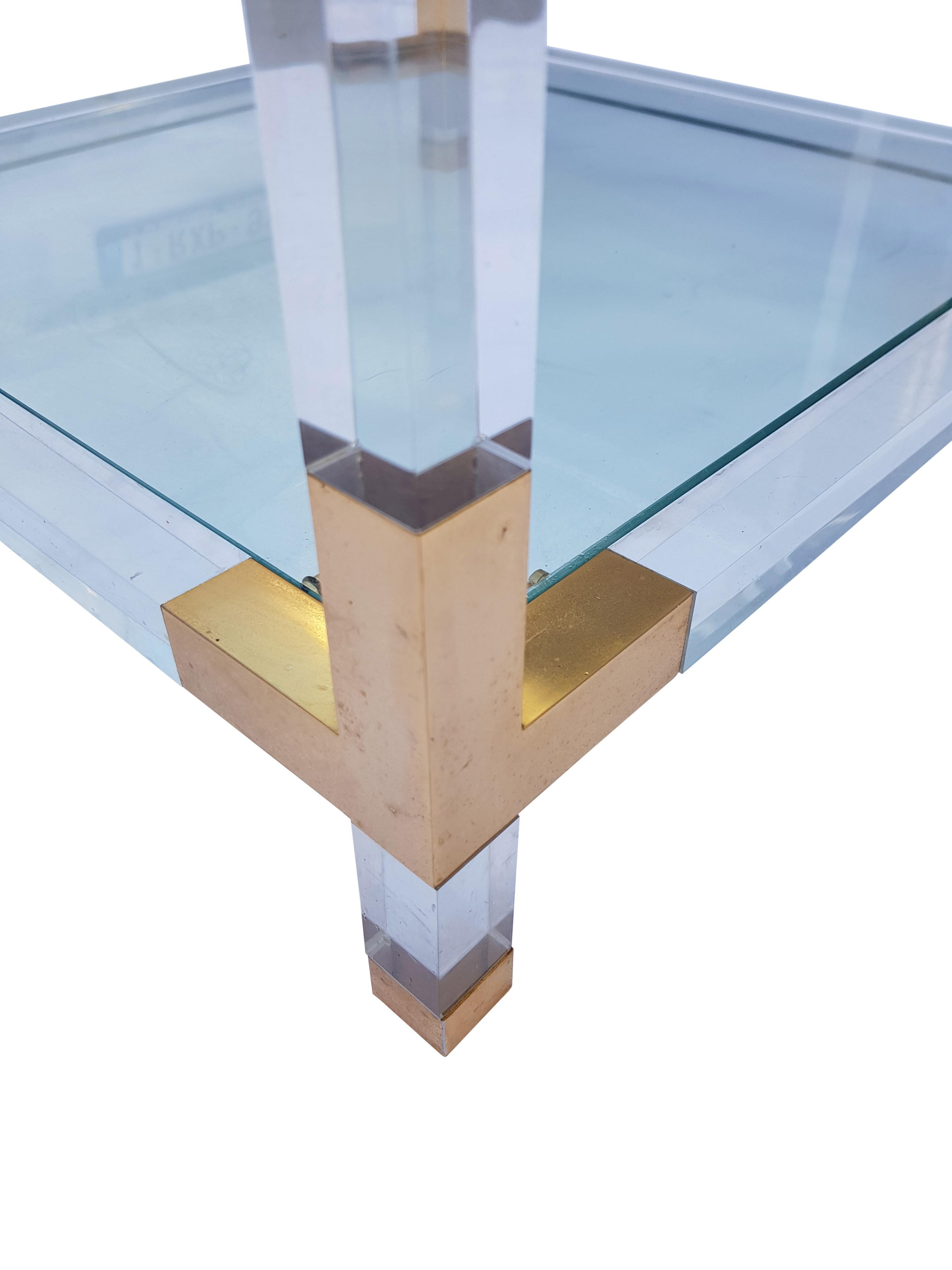 French Pair of Lucite Square Two-Tier Side Tables with Brass Details For Sale