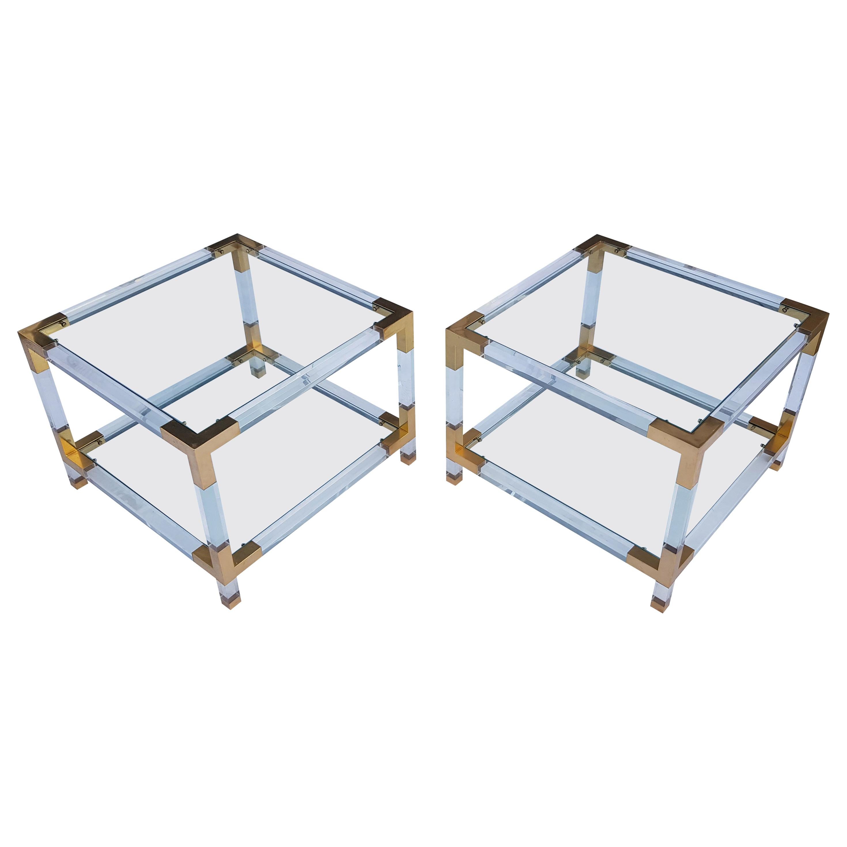 Pair of Lucite Square Two-Tier Side Tables with Brass Details For Sale