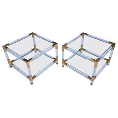 Pair of Lucite Square Two-Tier Side Tables with Brass Details