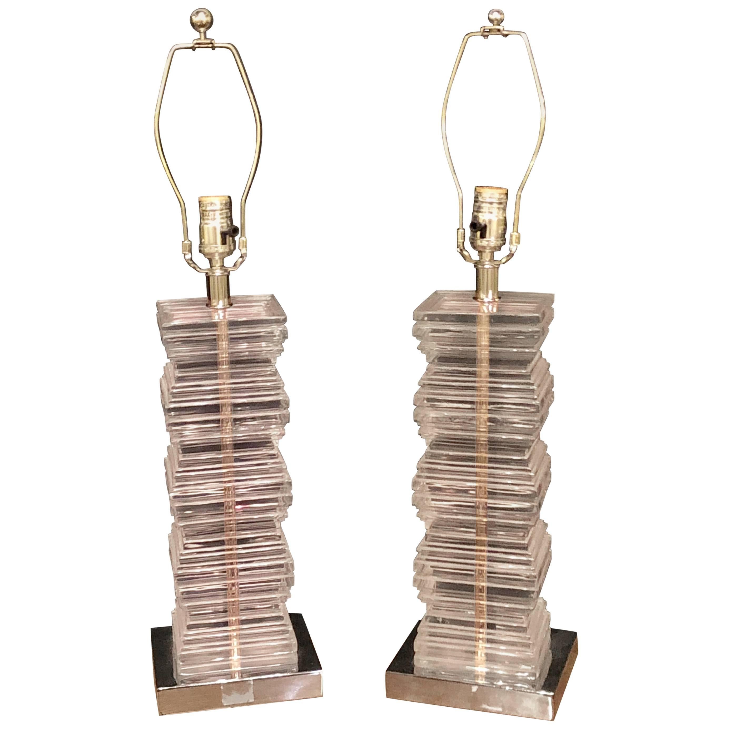 Pair of Lucite Stacked Art Deco Style Table Lamps