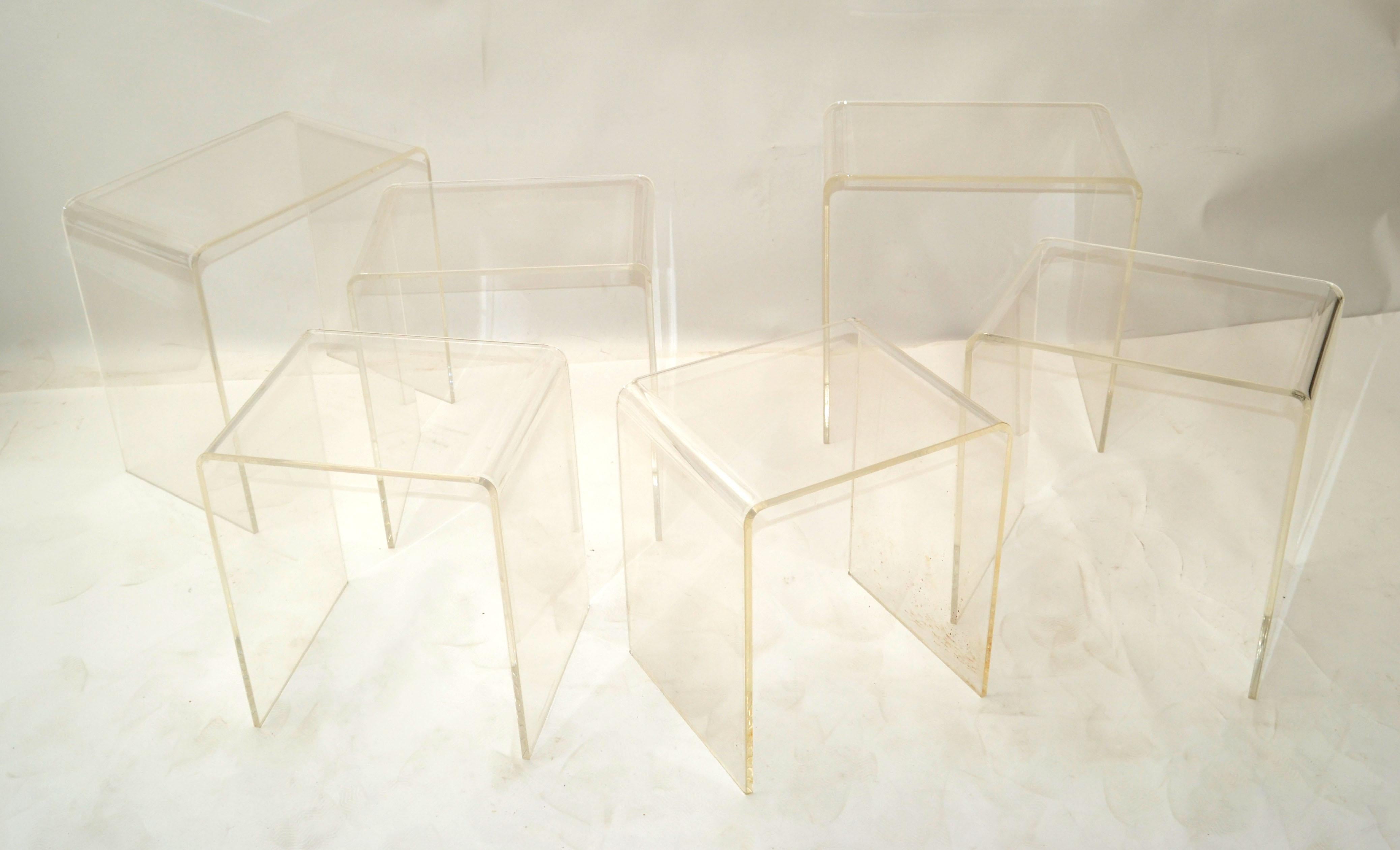 Pair of Lucite Waterfall Nesting Tables / Stacking Tables, Stools, Set of 3 5