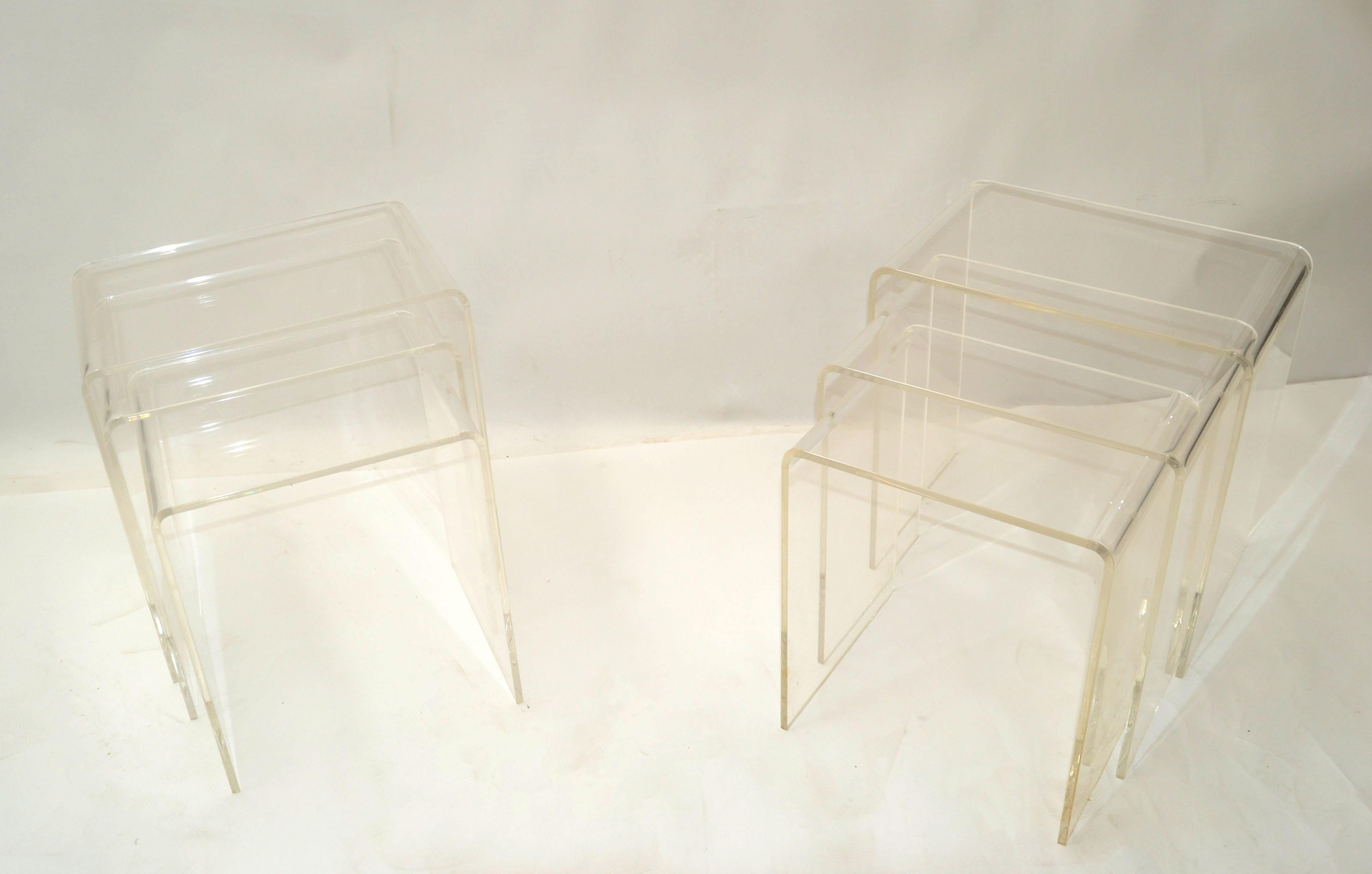 Pair of Lucite Waterfall Nesting Tables / Stacking Tables, Stools, Set of 3 For Sale 6