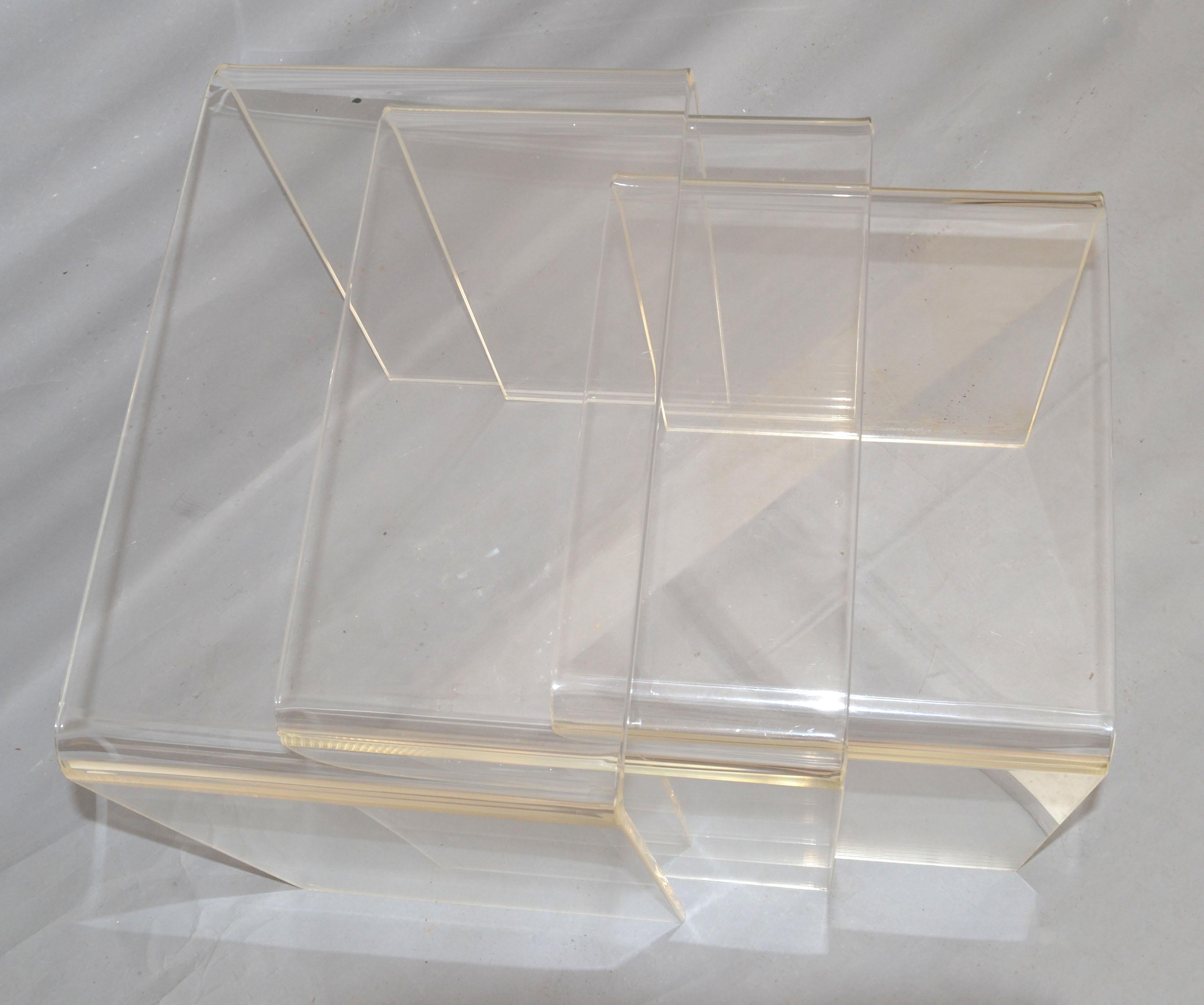 Pair of Lucite Waterfall Nesting Tables / Stacking Tables, Stools, Set of 3 1