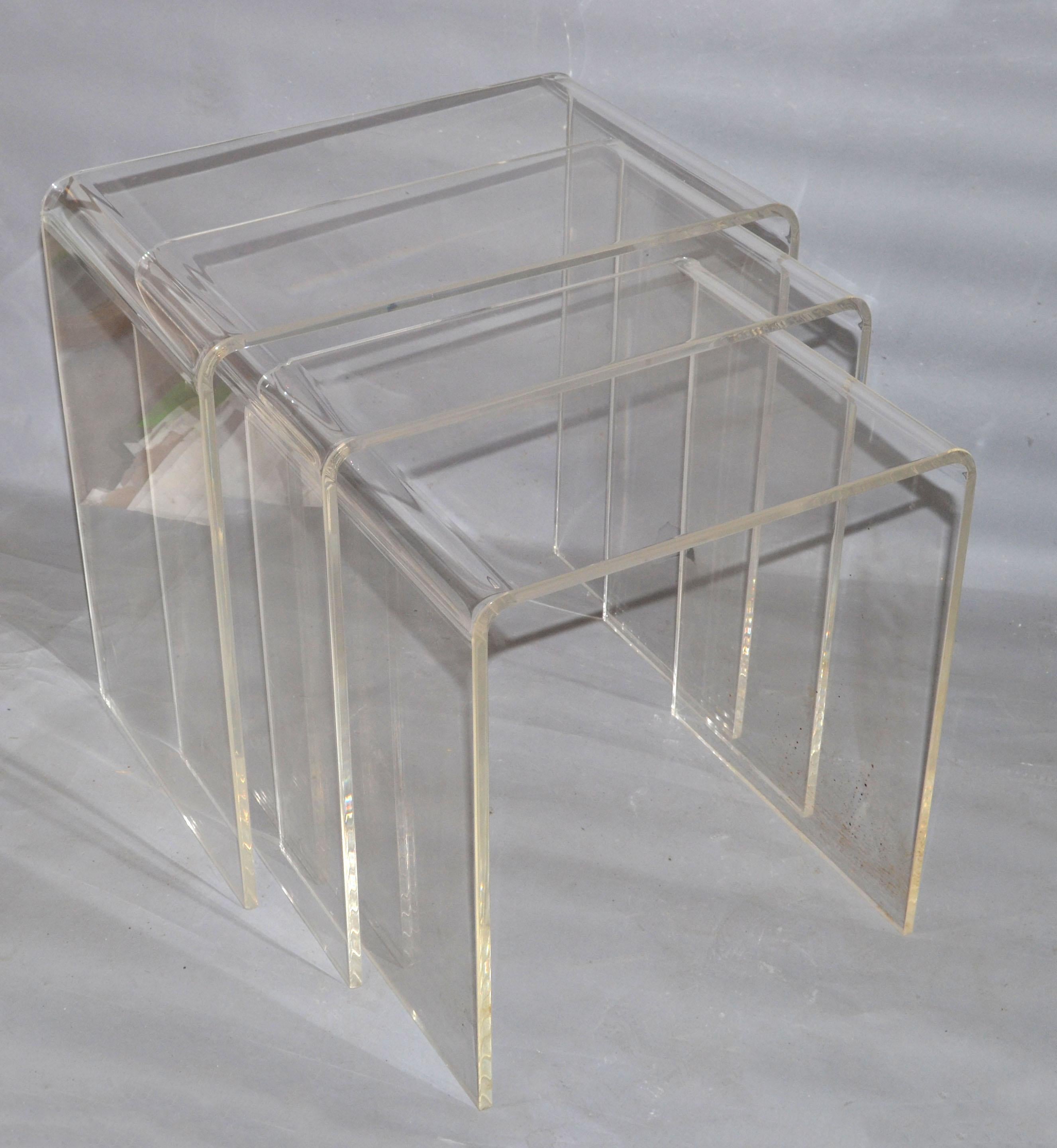 Pair of Lucite Waterfall Nesting Tables / Stacking Tables, Stools, Set of 3 2