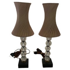 Pair of Lucy Cope Clear Crystal Mimi Sphere Lamps with Sweetie Dove Silk Shades