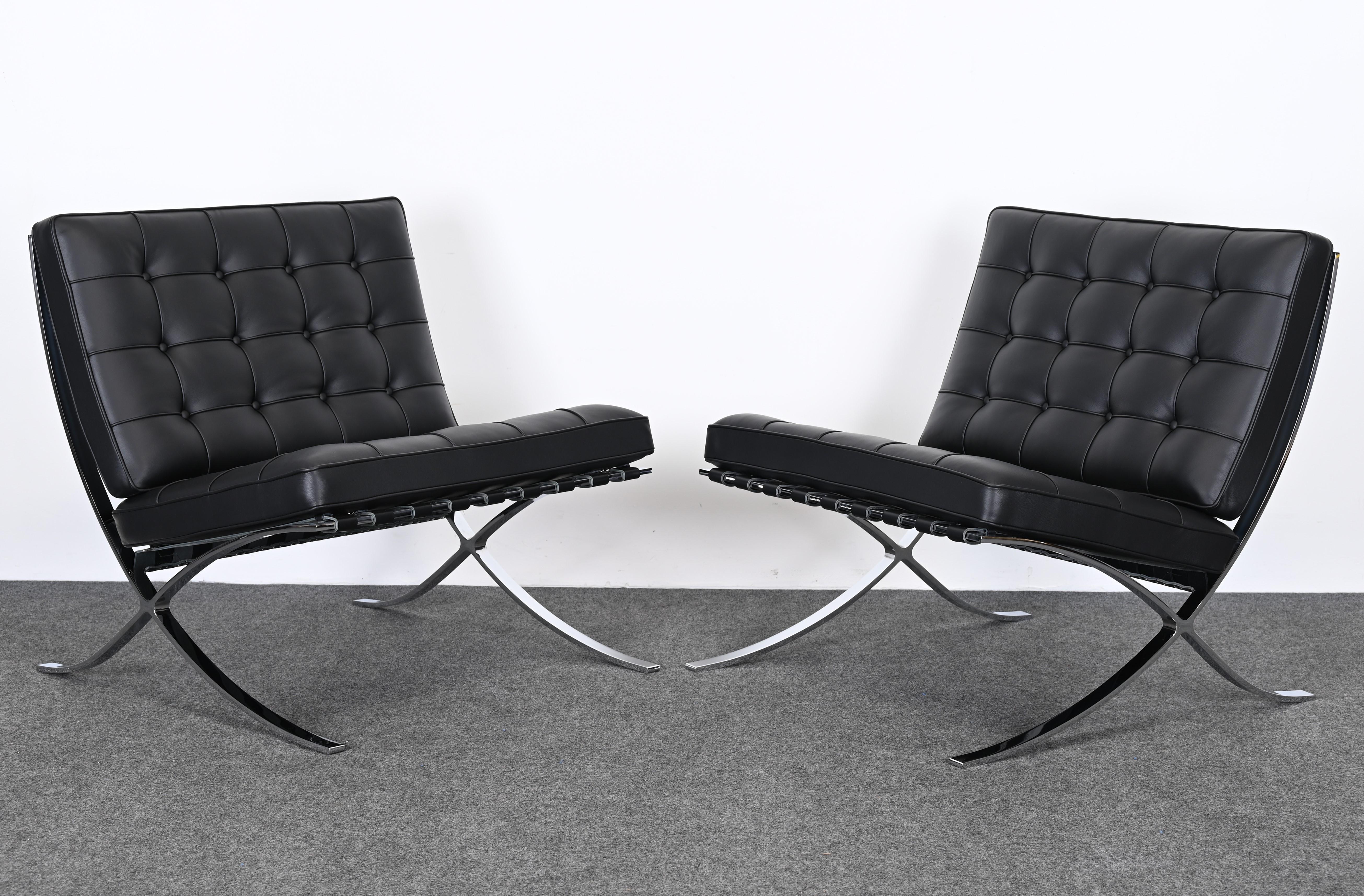 A luxurious pair of Mies van der Rohe Barcelona chairs for Knoll Studio. This actual pair came via a Knoll employee direct from the factory and was recently manufactured. They are in excellent condition and are ready to place. The pair sells on