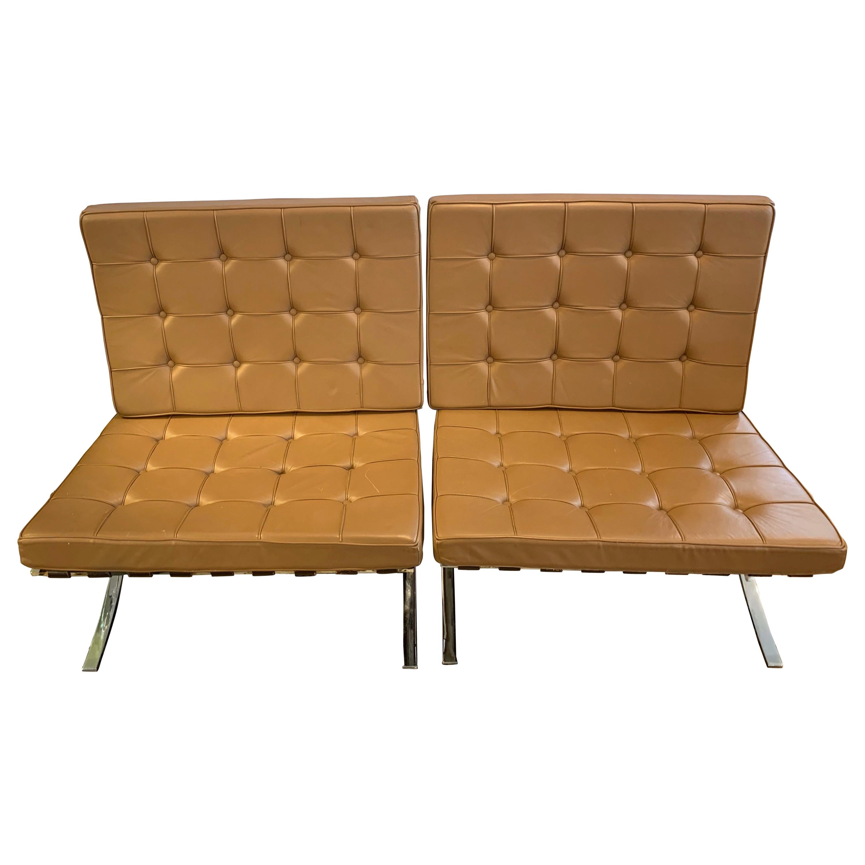 Pair of Ludwig Mies van der Rohe Light Brown Leather Barcelona Chairs