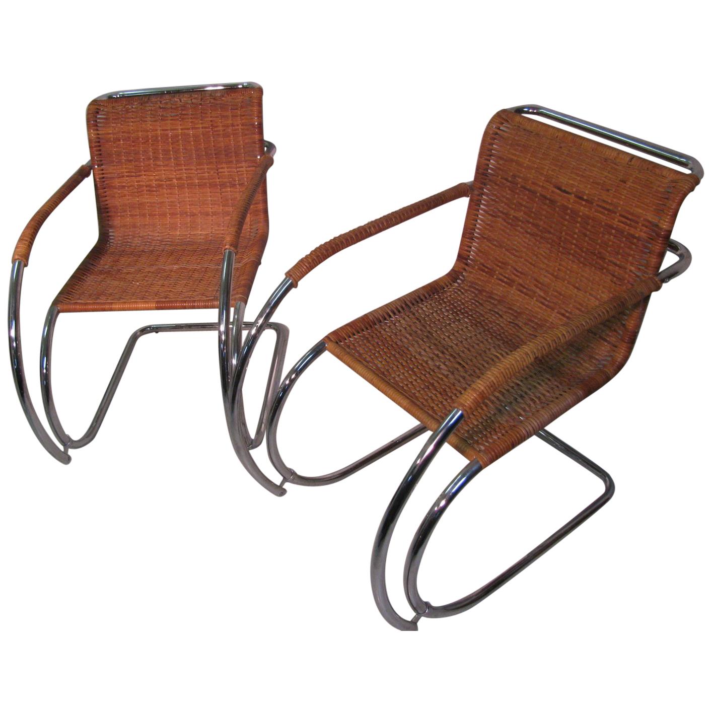 Pair of Ludwig Mies van der Rohe MR 20 Wicker Rattan Lounge Chairs