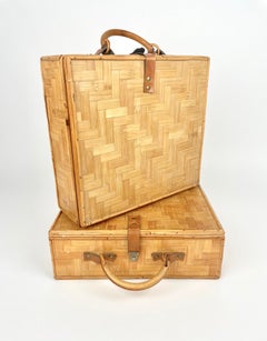 Pair of Luggage Trunks Bag in Bamboo, Rattan and Leather, Italy, 1960s