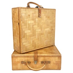 Pair of Luggage Trunks Bag in Bamboo, Rattan and Leather, Italy, 1960s