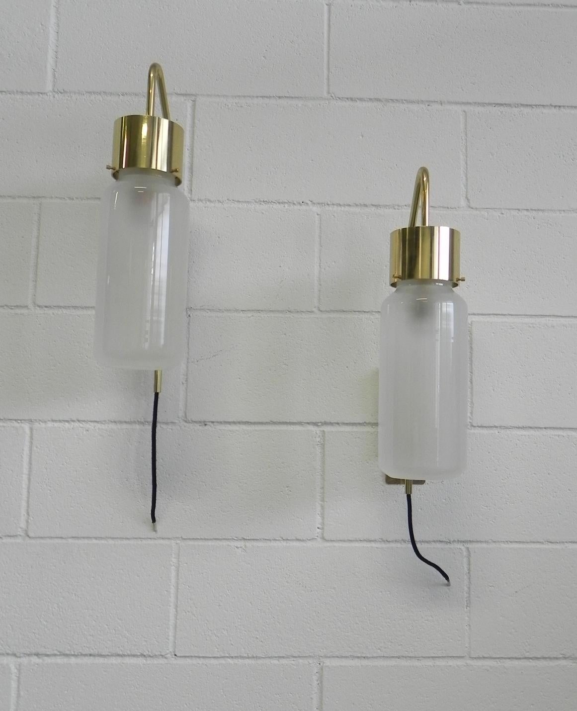 Luigi Caccia Dominioni Azzucena LP10 wall lamps sconces brass frosted glass, 1958 restored.