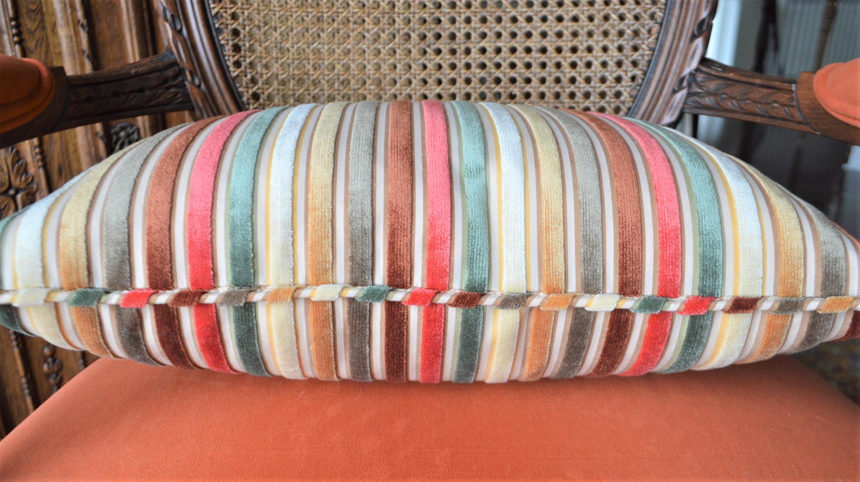 Other Pair of Lumbar Pillows, Multi Color Cut Velvet Stripe French Fabric