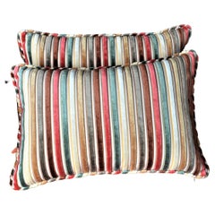 Pair of Lumbar Pillows, Multi Color Cut Velvet Stripe French Fabric