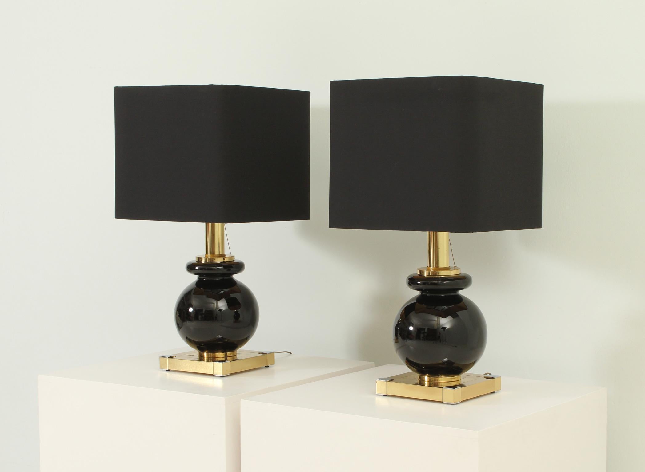 Pair of table lamps designed in 1970s by BD Lumica, Spain. Brass and chromed metal structure with black glass ball and three bulbs, shades with new fabric.