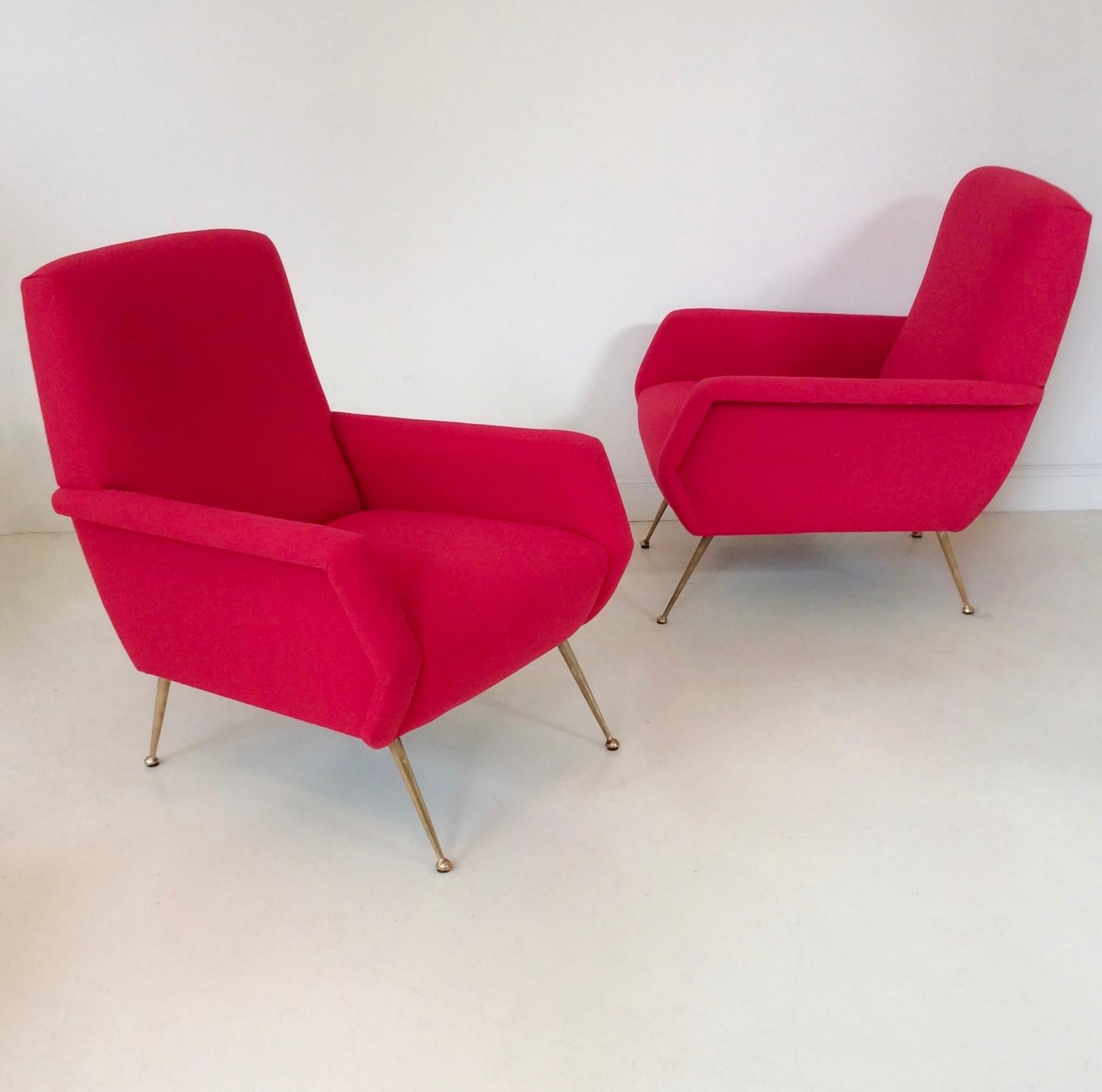 Mid-Century Modern Pair of Red Armchairs, circa 1950, Italy For Sale