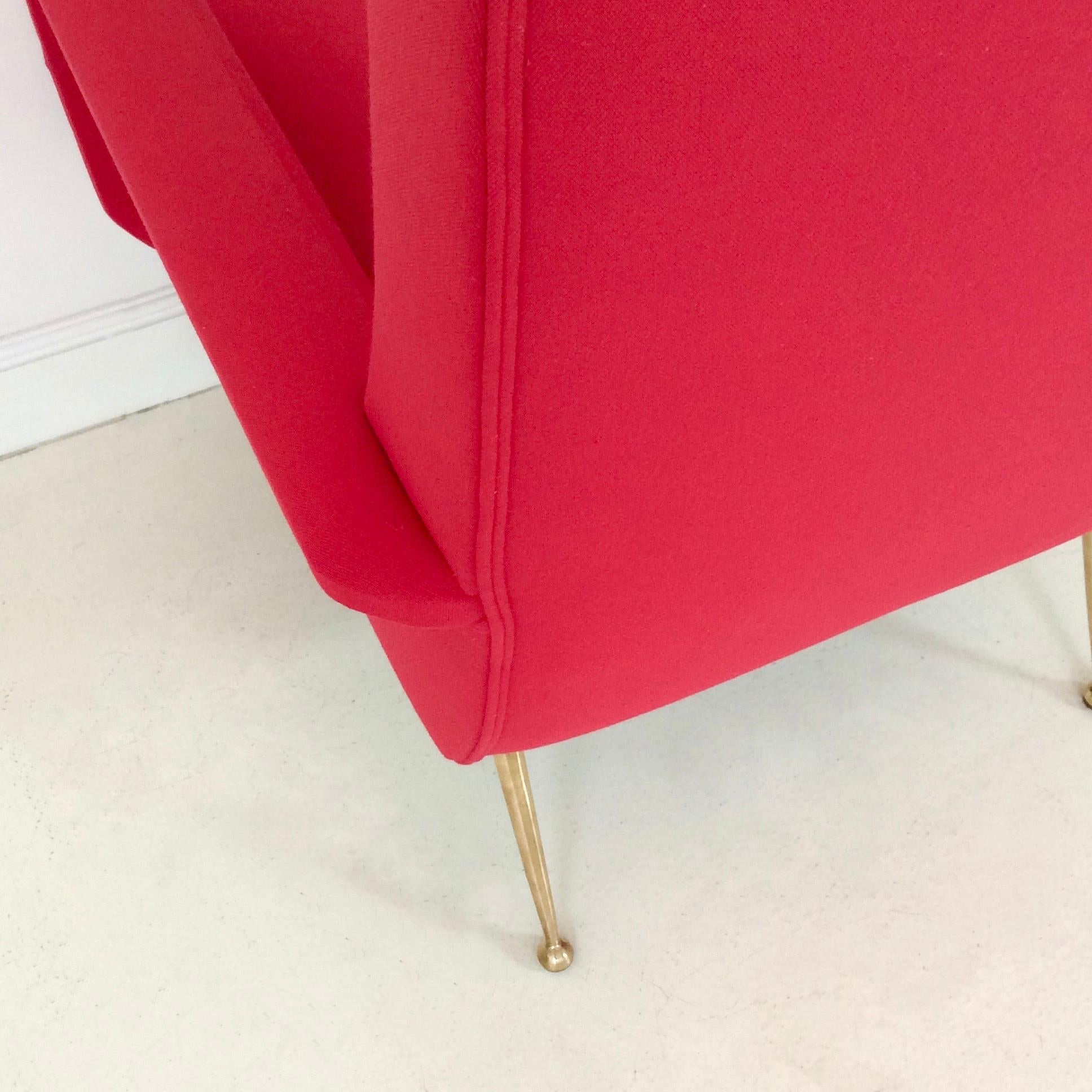 Brass Pair of Red Armchairs, circa 1950, Italy For Sale