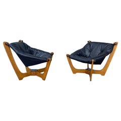 Retro Pair of Luna Black Leather Sling Chairs, Odd Knutsen Norway