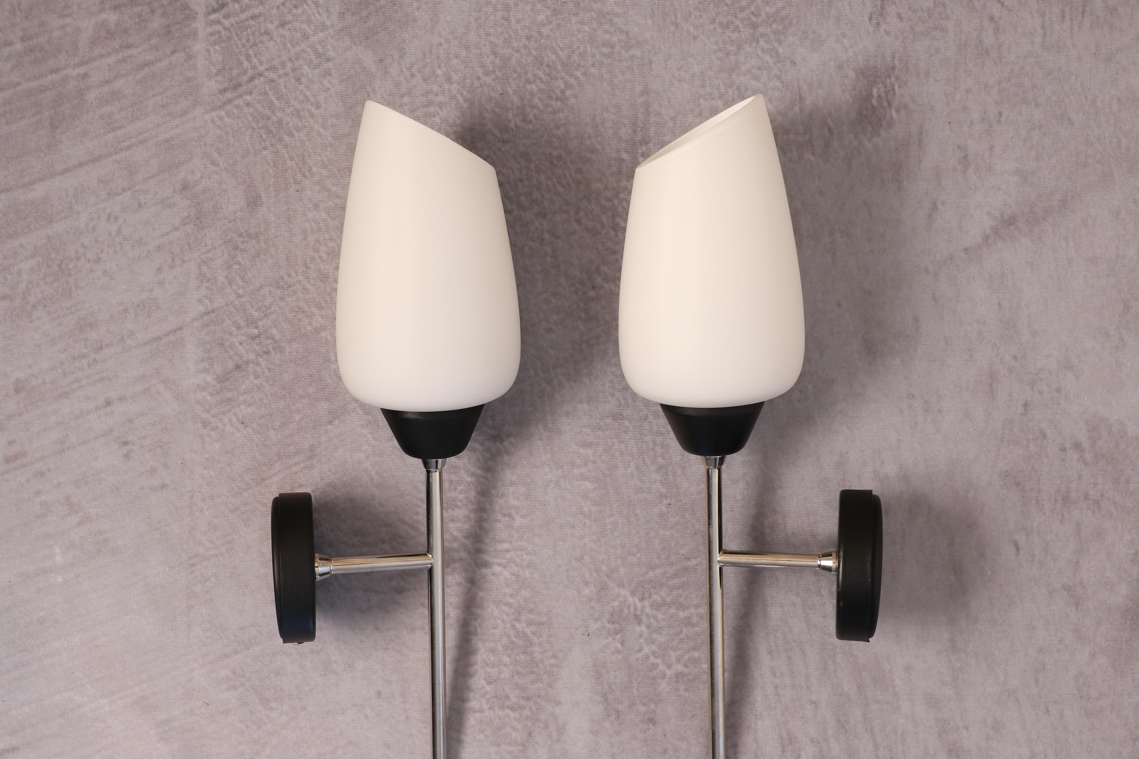 Pair of Black Metal Sconces with Opaline Tulip Shades by Lunel, France ...