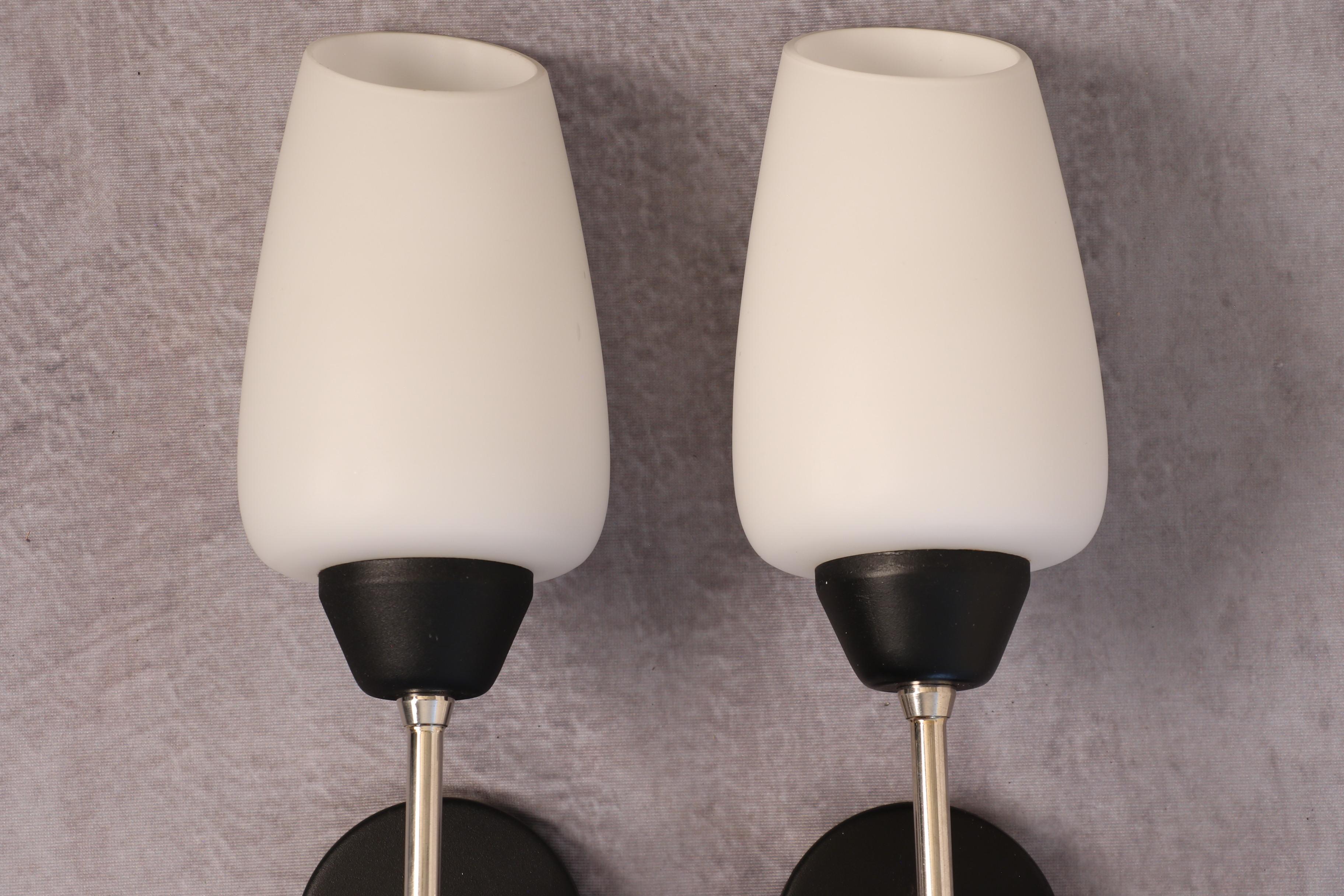 Pair of Black Metal Sconces with Opaline Tulip Shades by Lunel, France ...