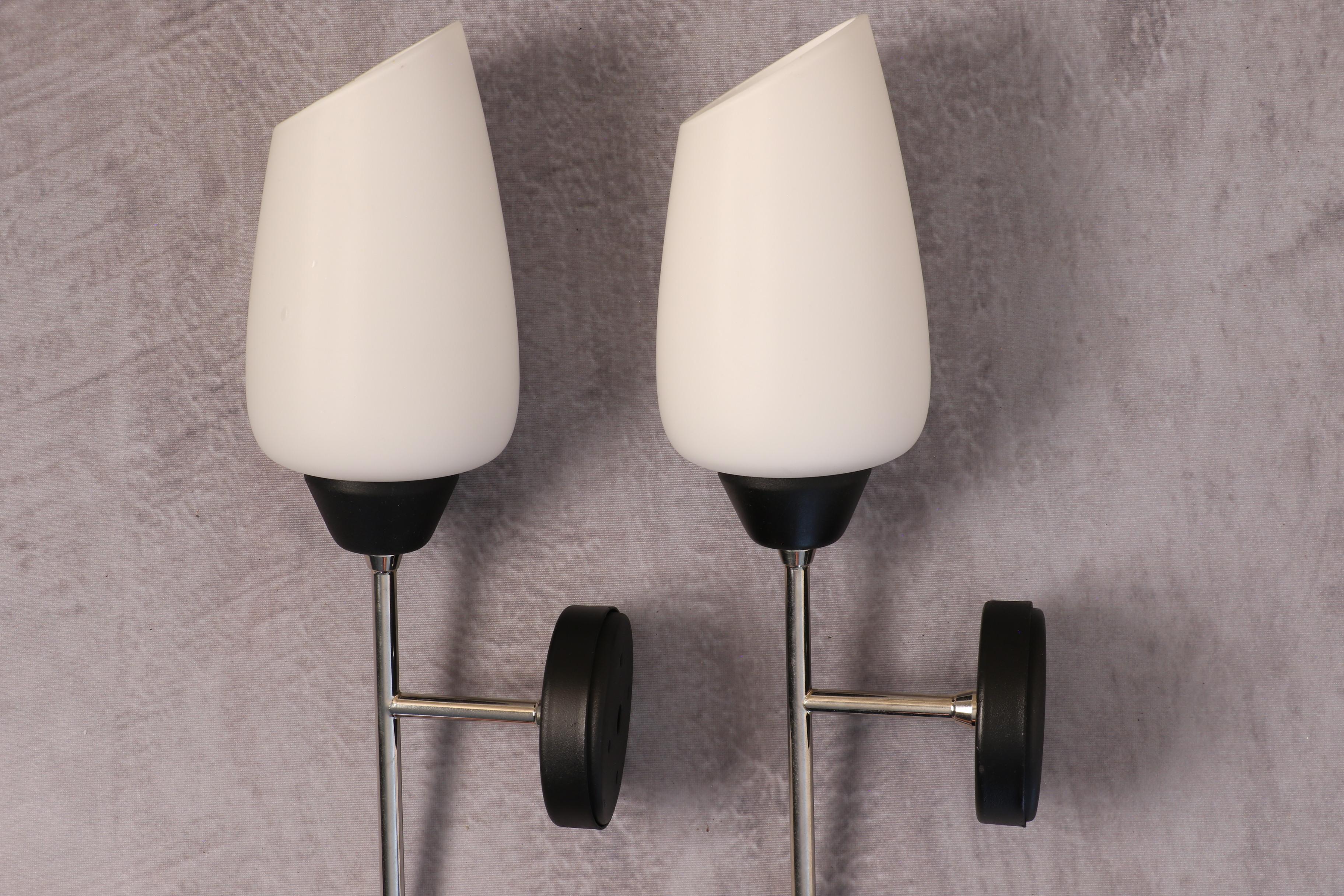 Pair of Black Metal Sconces with Opaline Tulip Shades by Lunel, France ...