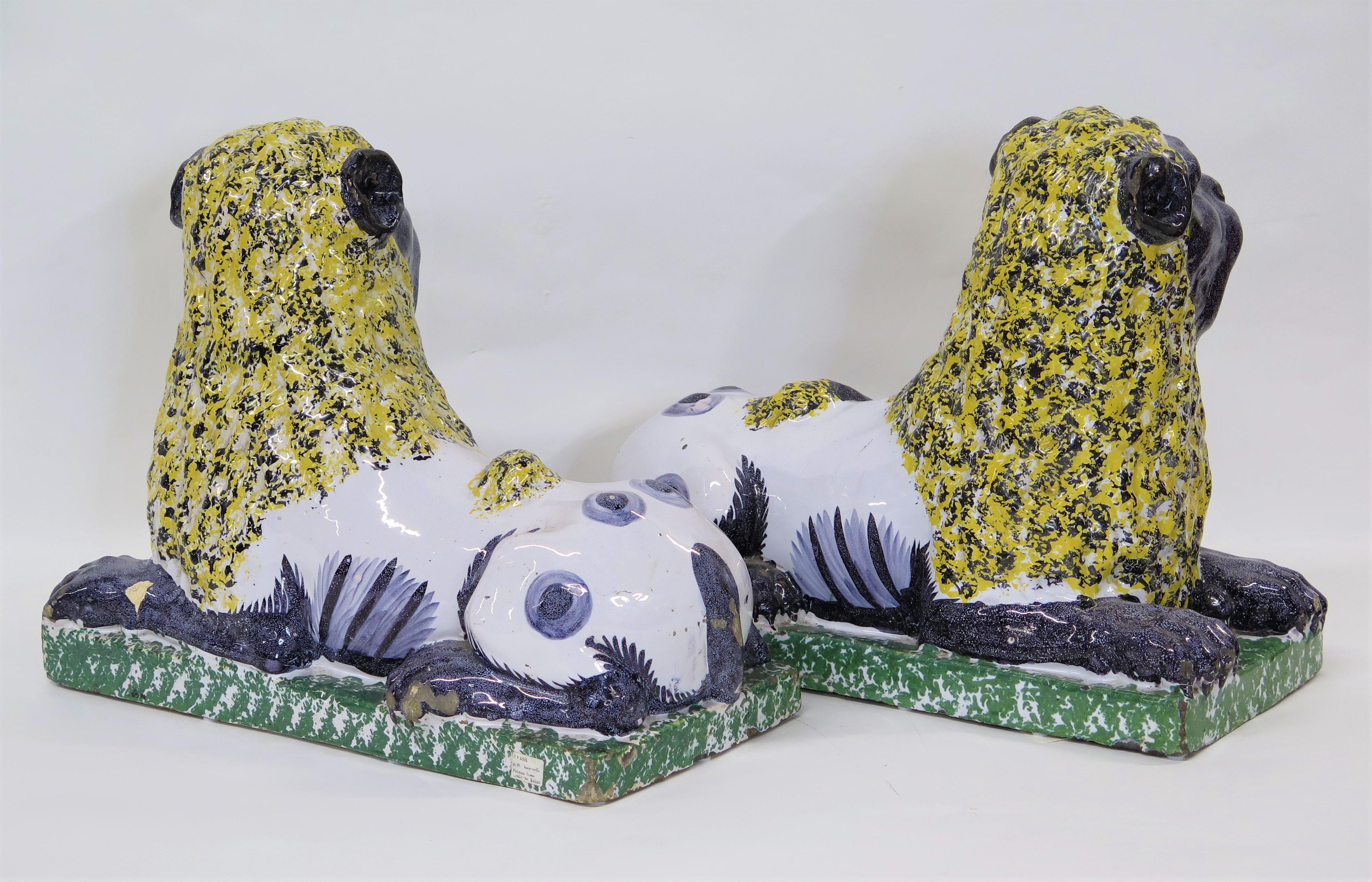 French Pair of  Lunéville Faience Lions  For Sale