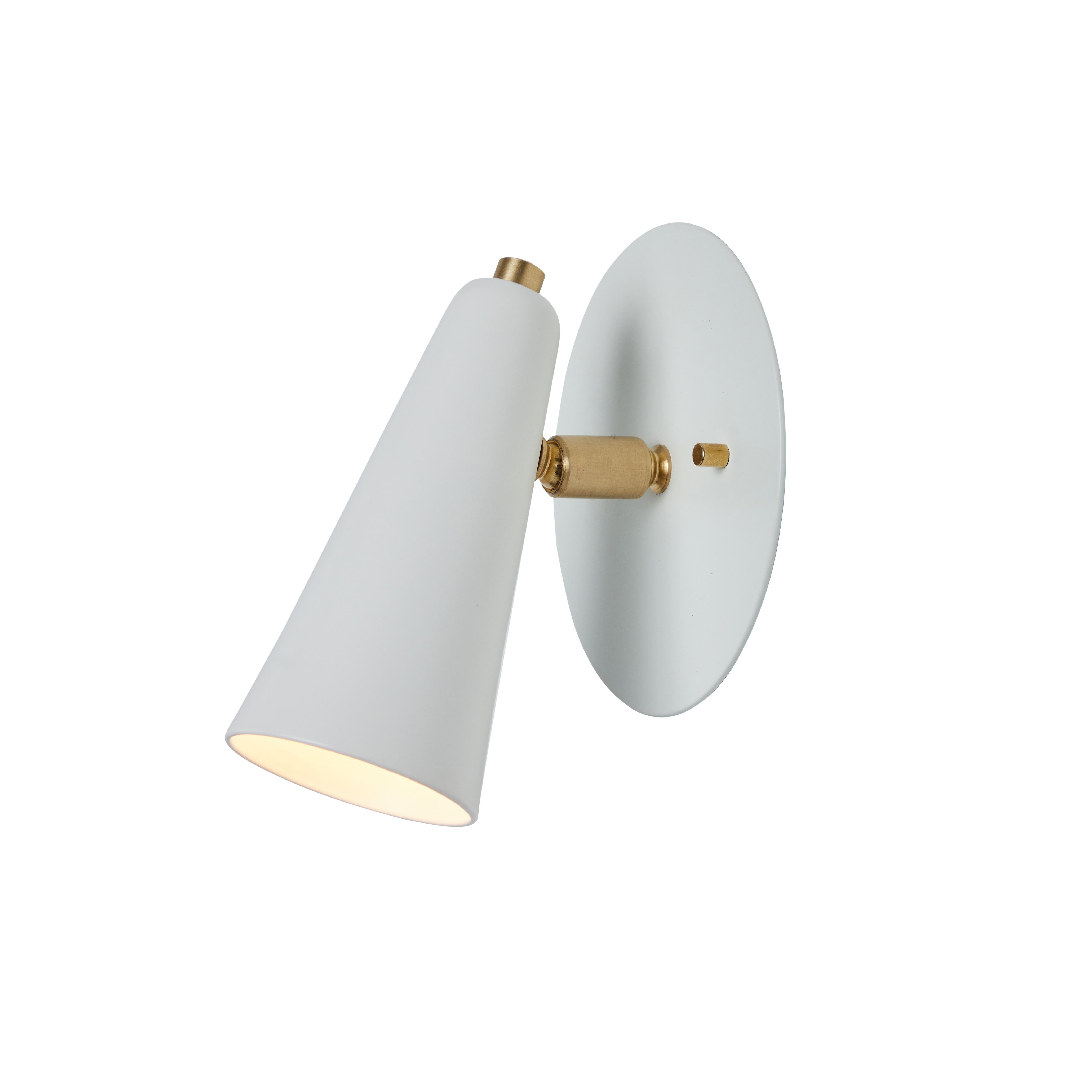 Pair of 'Lupita' sconces in white and brass by Alvaro Benitez. 

Hand-fabricated by Los Angeles based designer and lighting professional Alvaro Benitez, these highly refined and highly adjustable sconces are reminiscent of the iconic midcentury
