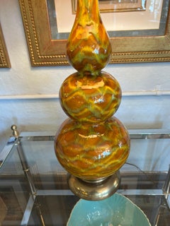 Coppia di splendide lampade da tavolo in ceramica a forma di tripla zucca nei toni della terra