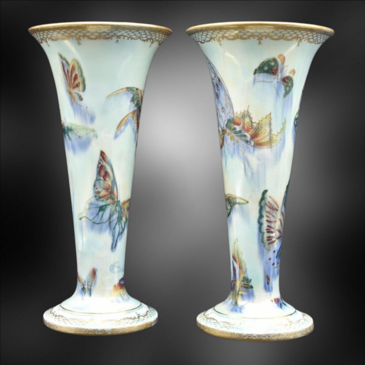 Enameled Pair of lustre Trumpet Vases with Butterflies. Wedgwood, circa 1925 For Sale