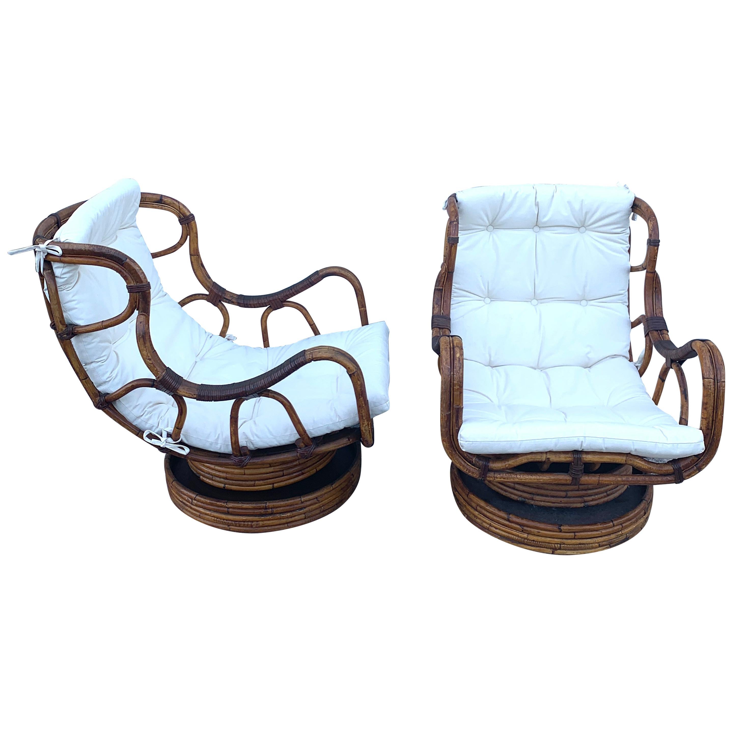 Pair of Luxe Midcentury Bamboo/ Rattan and Leather Wrapped Swivel Chairs, Restored For Sale at