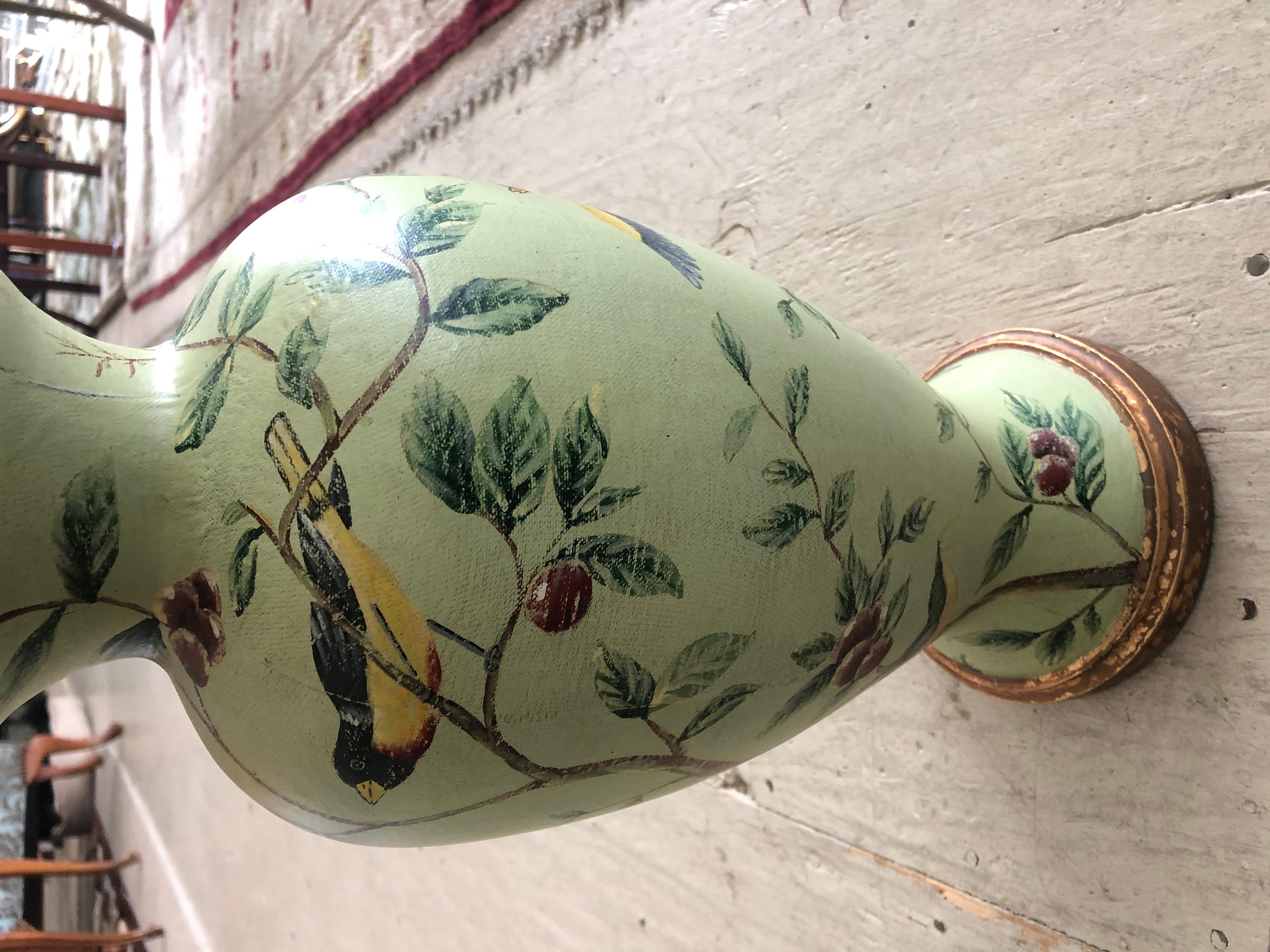 Pair of Luxurious Bradburn Celadon Green Table Lamps with Birds and Foliage 2