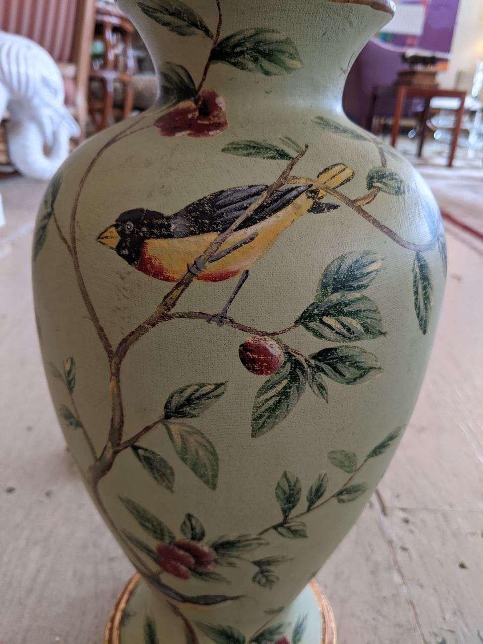 Pair of Luxurious Bradburn Celadon Green Table Lamps with Birds and Foliage In Good Condition In Hopewell, NJ