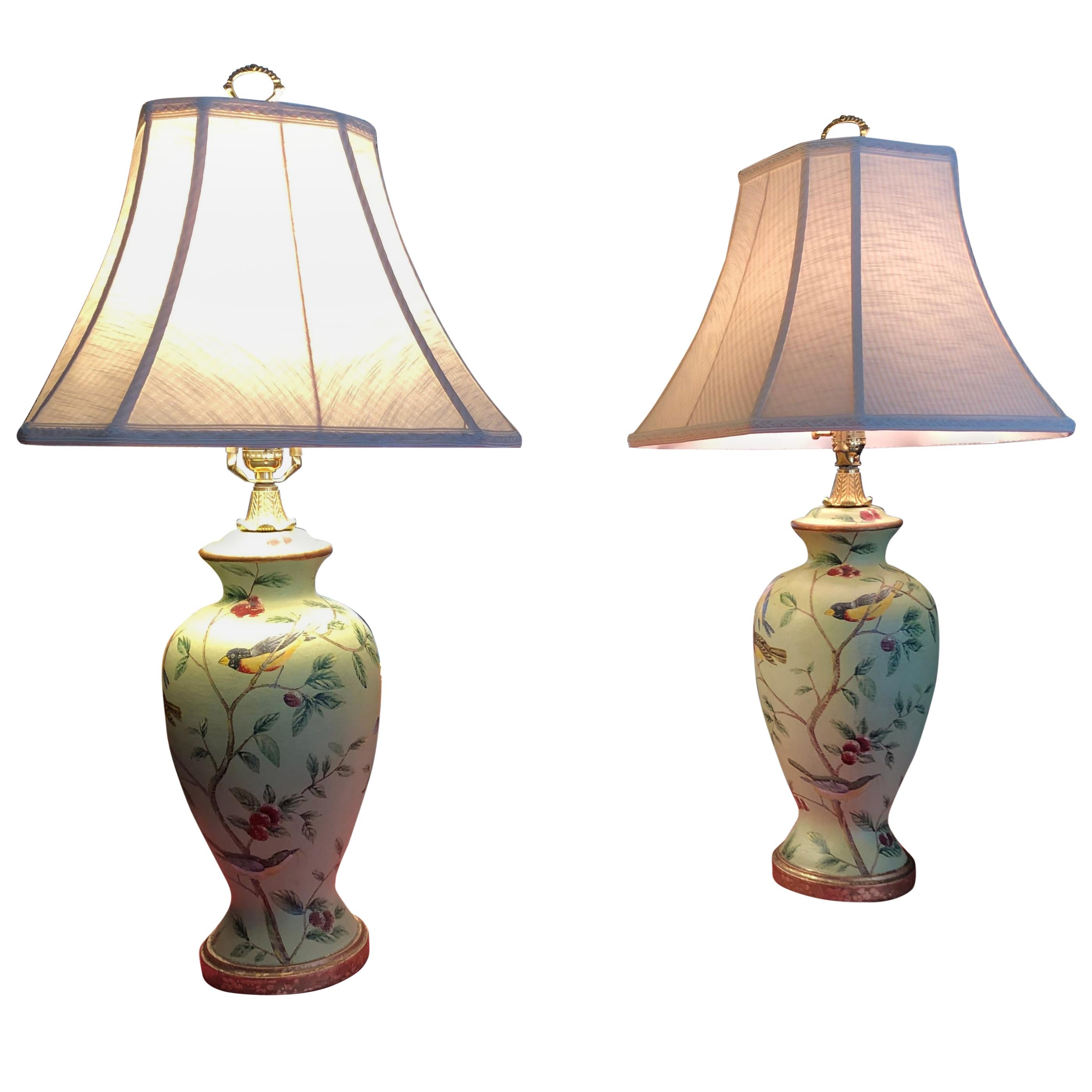 Pair of Luxurious Bradburn Celadon Green Table Lamps with Birds and Foliage