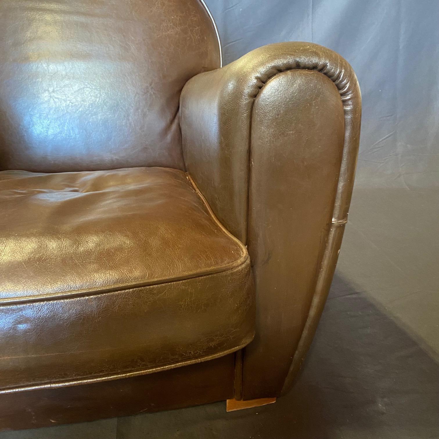Pair of Luxurious Vintage French Art Deco Leather Club Chairs For Sale 9