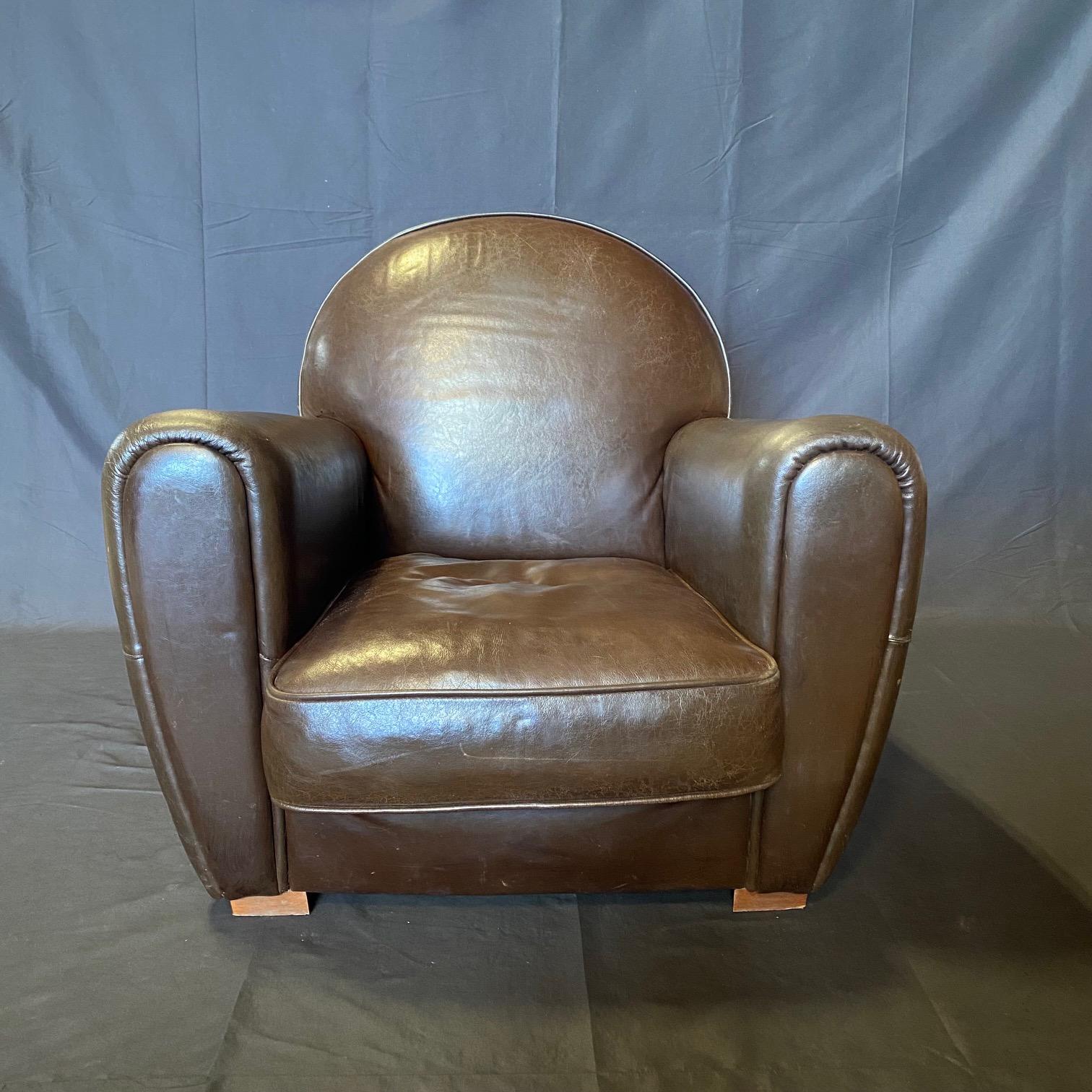 Pair of Luxurious Vintage French Art Deco Leather Club Chairs In Good Condition For Sale In Hopewell, NJ