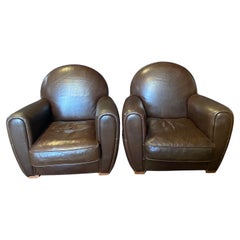 Pair of Luxurious Vintage French Art Deco Leather Club Chairs